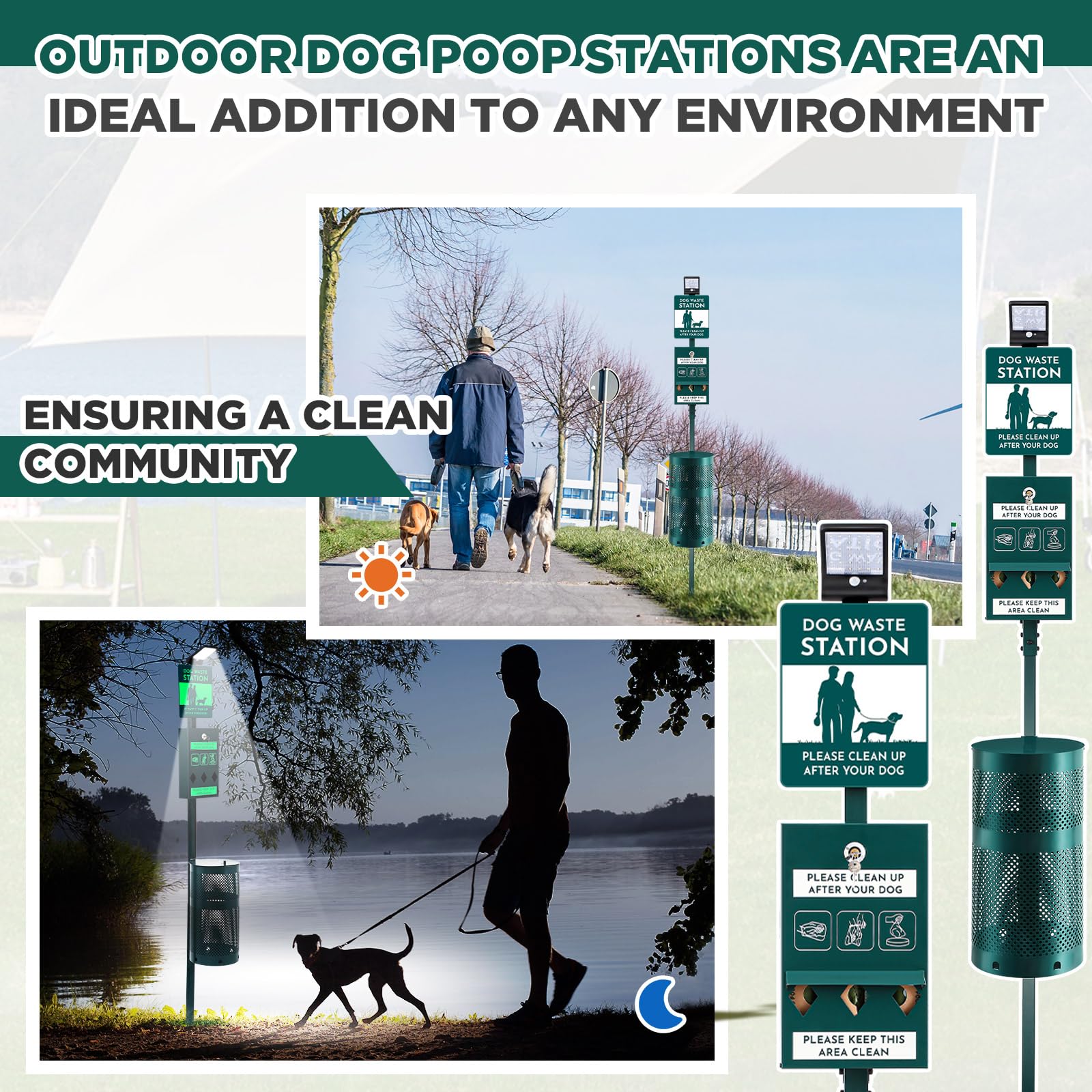Dog Waste Station with Solar Panels Outdoor Light Up at Night