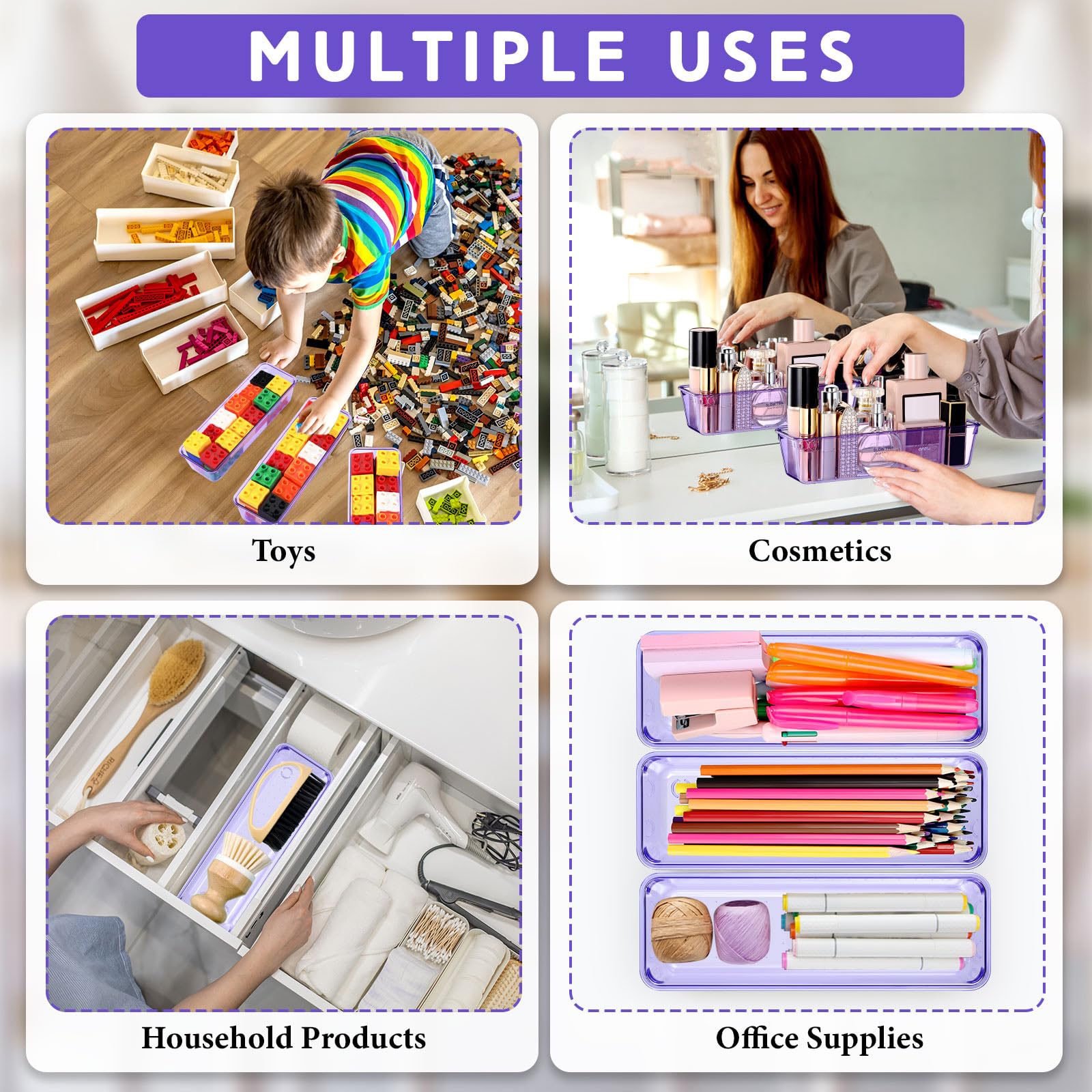 12 Pcs Clear Drawer Organizer 9 x 3 x 2 Inches Plastic Rectangle Trays Makeup Vanity Storage Bins and Kitchen Drawers Dividers for Office Desk Silverware Kitchen Utensils (12 Count)