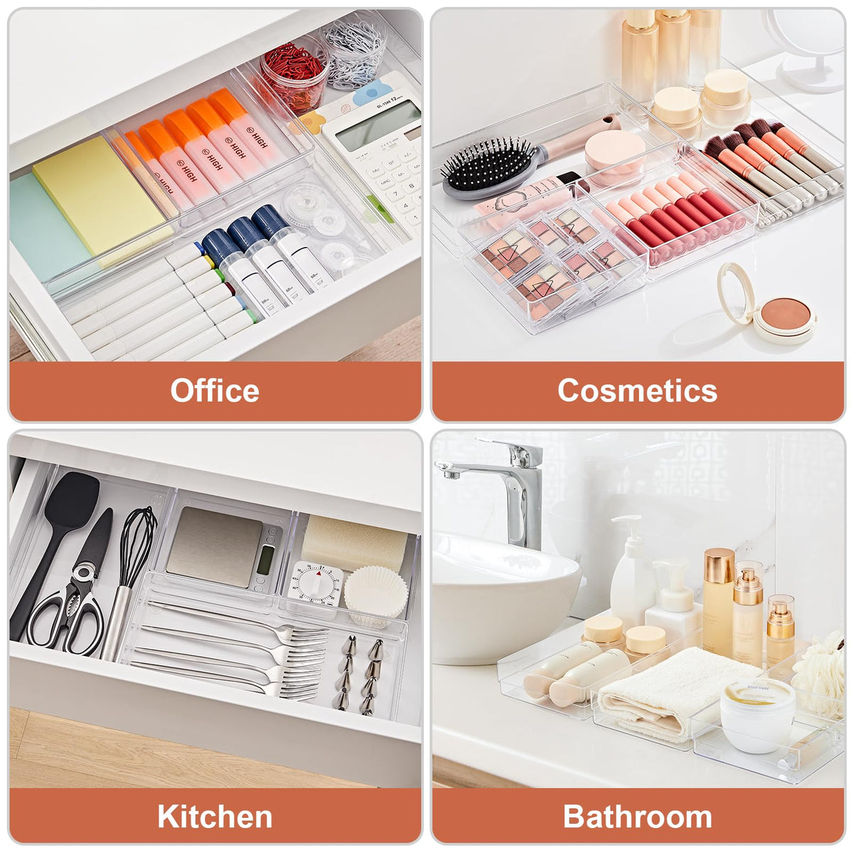 6 PCS Clear Plastic Kitchen Large Size Drawer Organizers Set (6 Count)