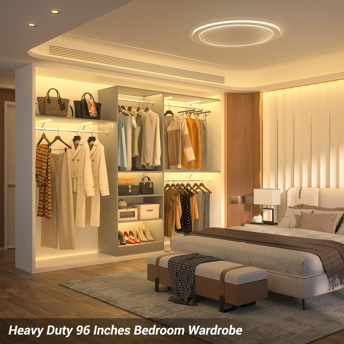 8FT Closet System with 3 Wooden Storage Shelves