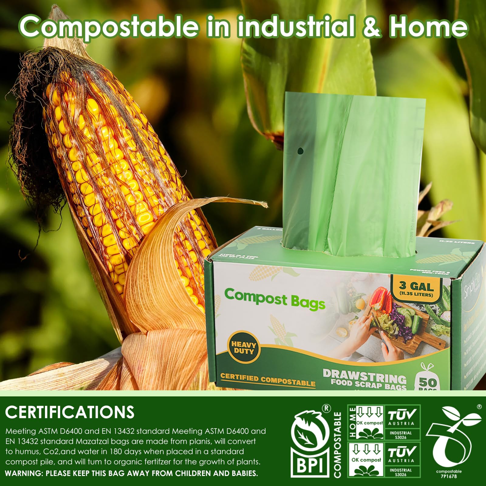 3 Gallon Compostable Trash Bags with Drawstring (50 Count)