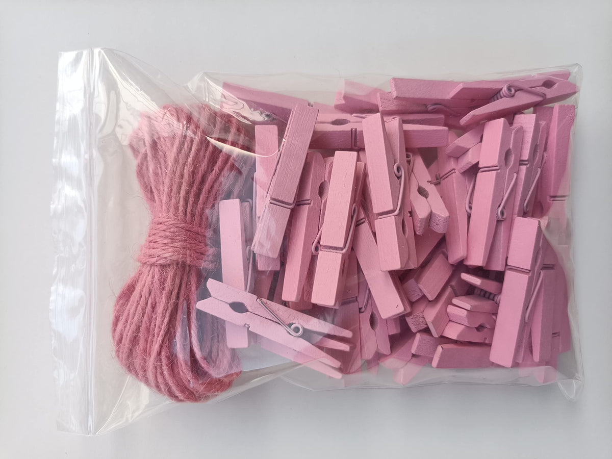 1.9" Pink Wooden Clothes Pins DIY Photo Garland Baby Shower Bag Clips Decorative Clothespins with Jute Twine Pack 50 (50 Count)
