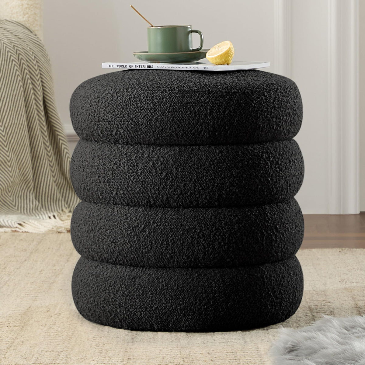 Round Ottoman with Storage Boucle Ottoman