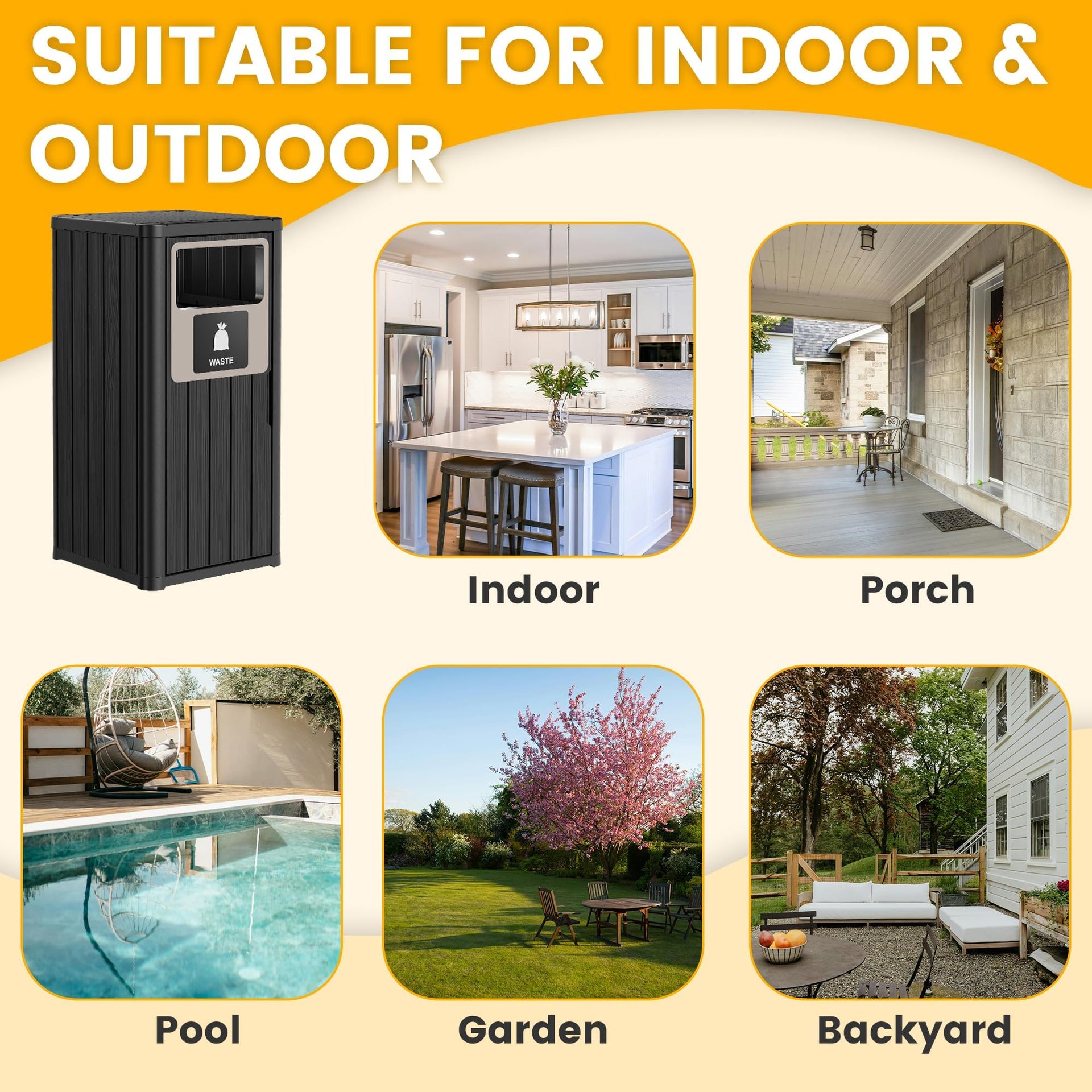 Outdoor Trash Can Waterproof Resin Patio Garbage Can for Outdoor Trash Bin for Patio