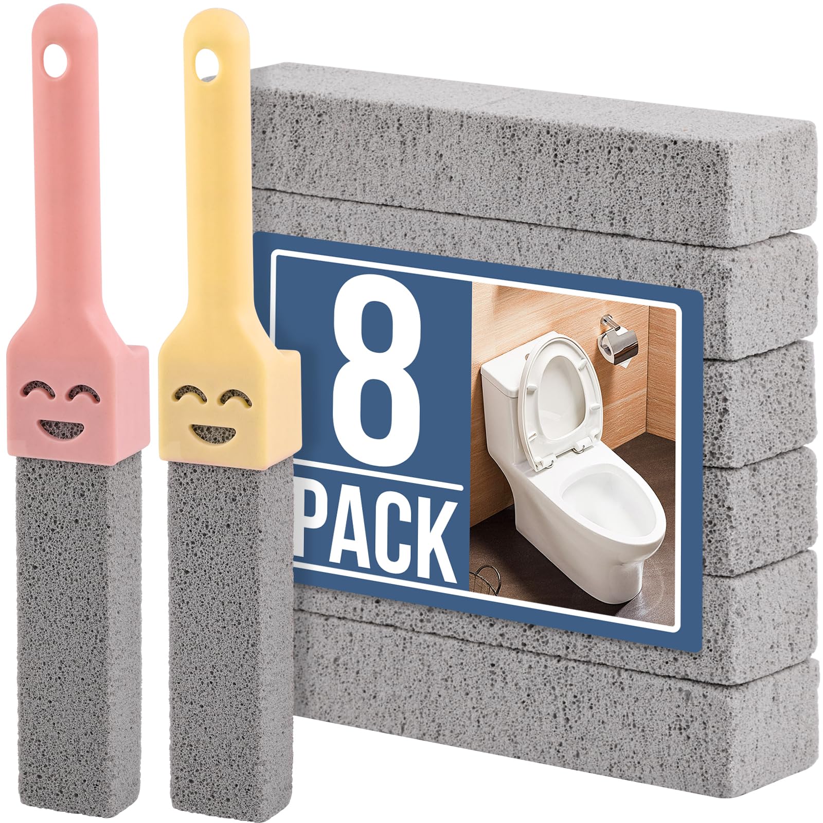 8 Pack Pumice Stone Scouring Sticks with 2 Universal Handles (8 Count)