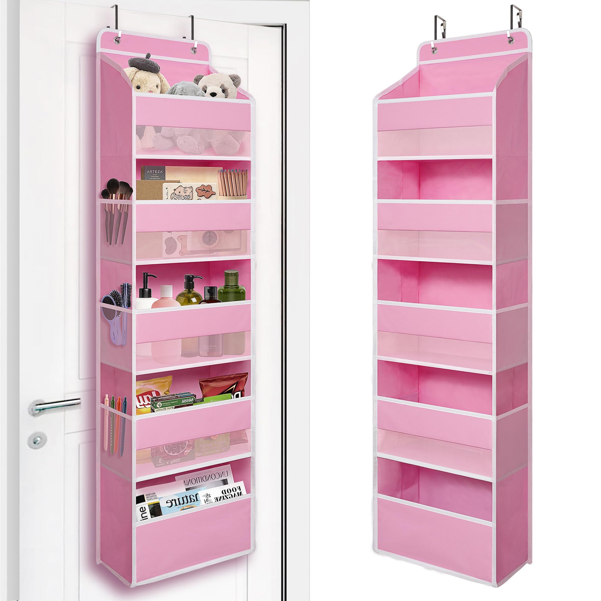 Pink Over Door Organizer with 5 Large Clear Pockets and 6 Side Mesh Pockets