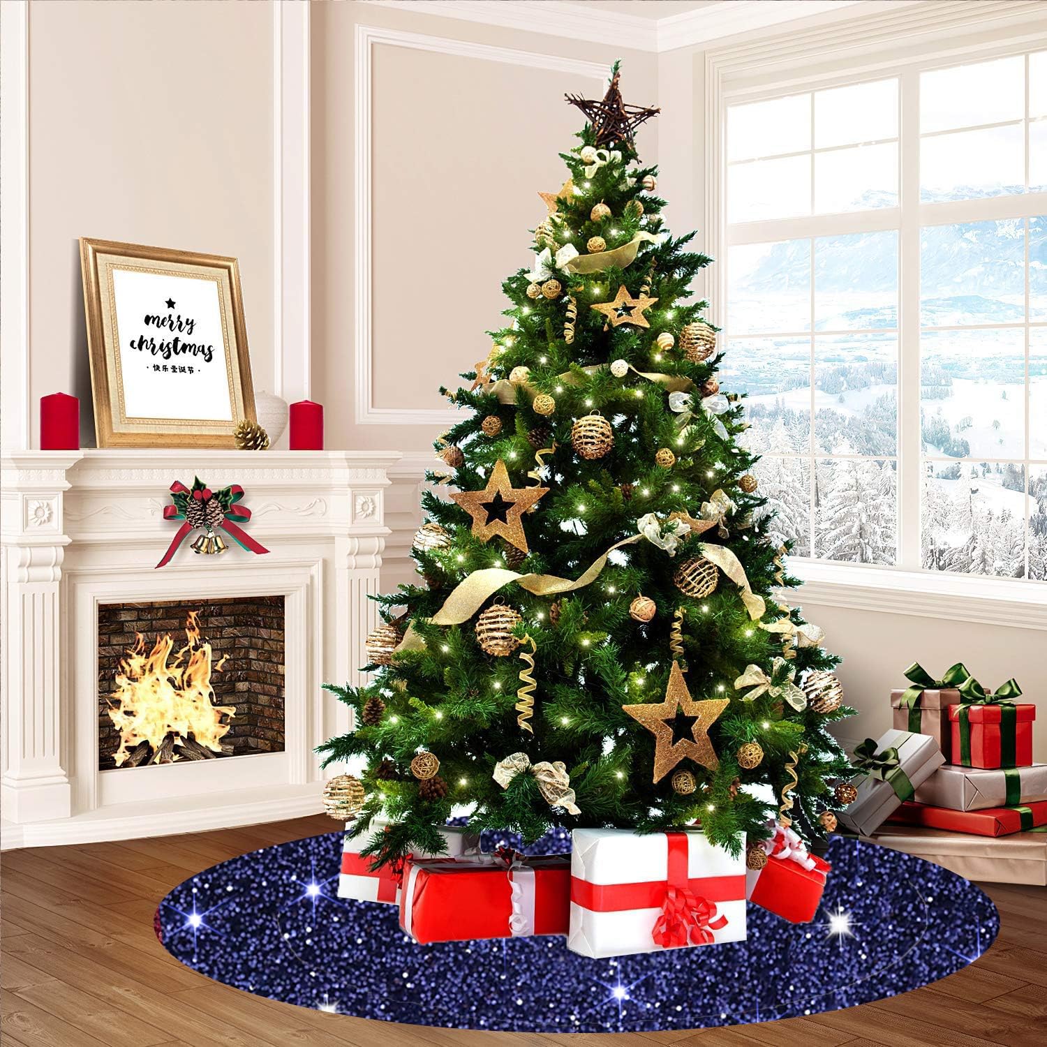Navy Blue Christmas Tree Skirt 36 Inch Sequined Tree Skirt Navy Velvet Tree Skirt Sparkly Tree Cover Skirt for 4ft Xmas Tree Personalized Christmas Tree Skirt Mat for Xmas Party Decor