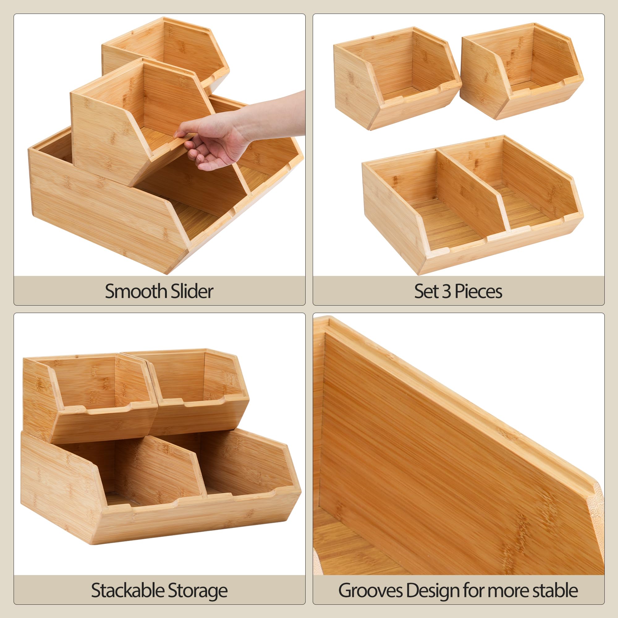 3 Pack Stackable Bamboo Pantry Storage Bins