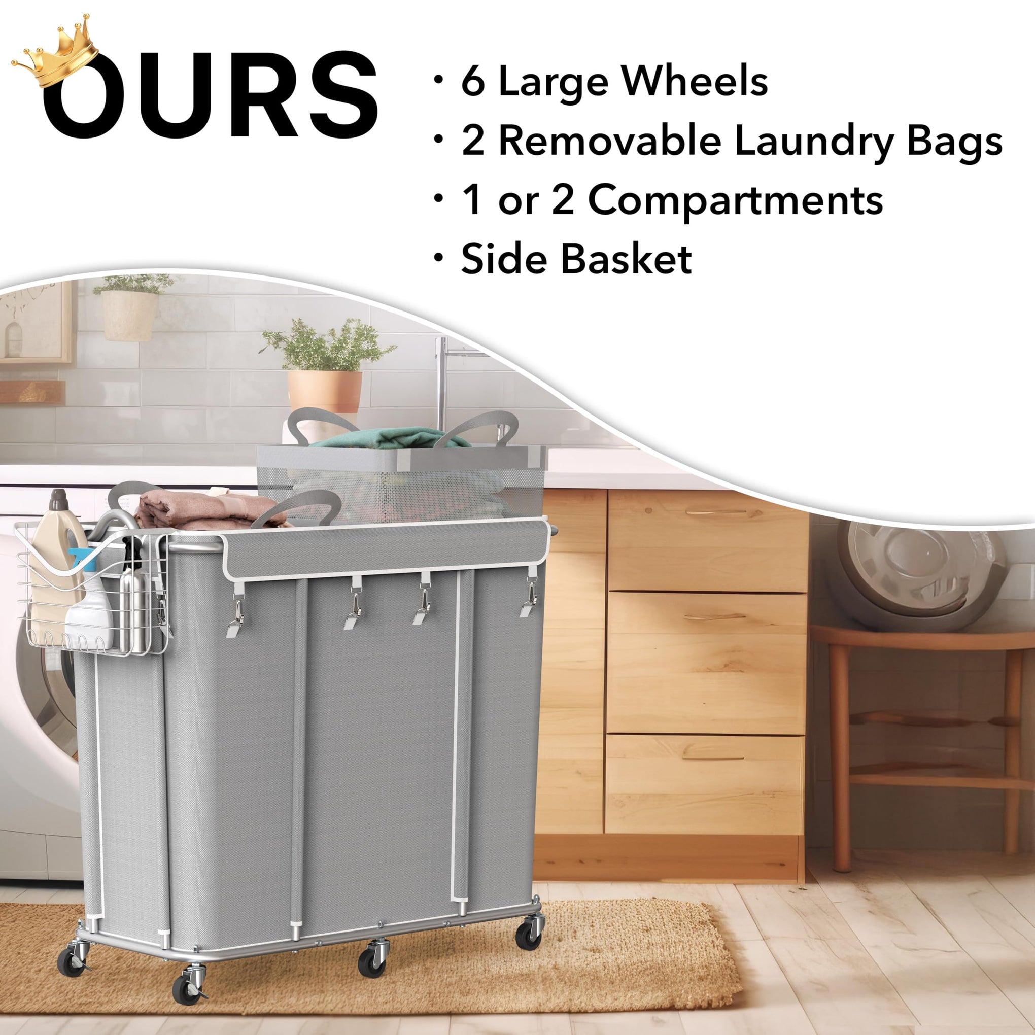 Large 2 Section Rolling Laundry Cart
