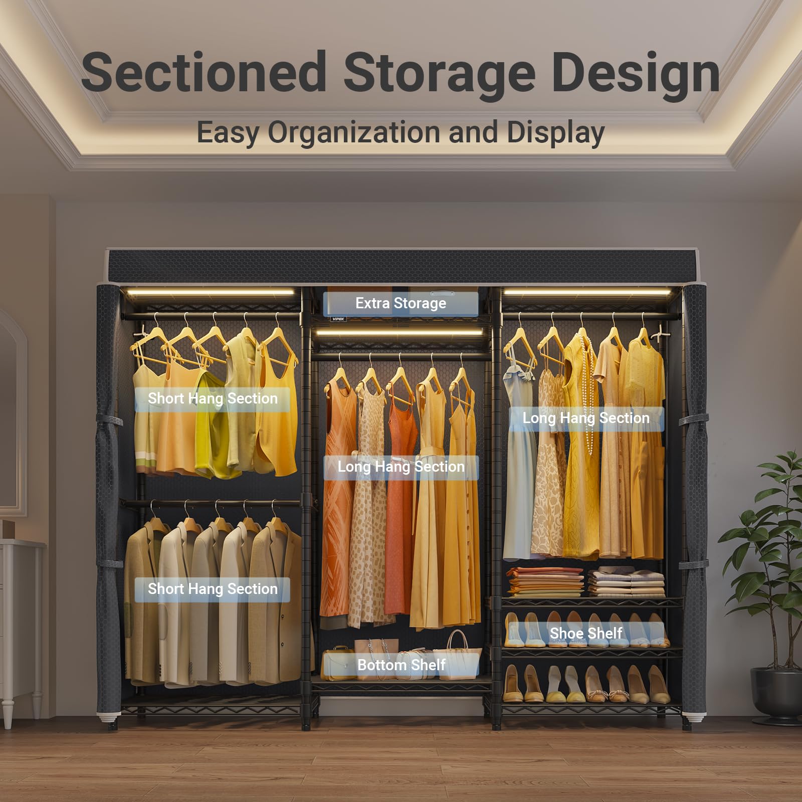 V5LC Garment Rack Heavy Duty Covered with Dimmable LED Light 3000K Warm White