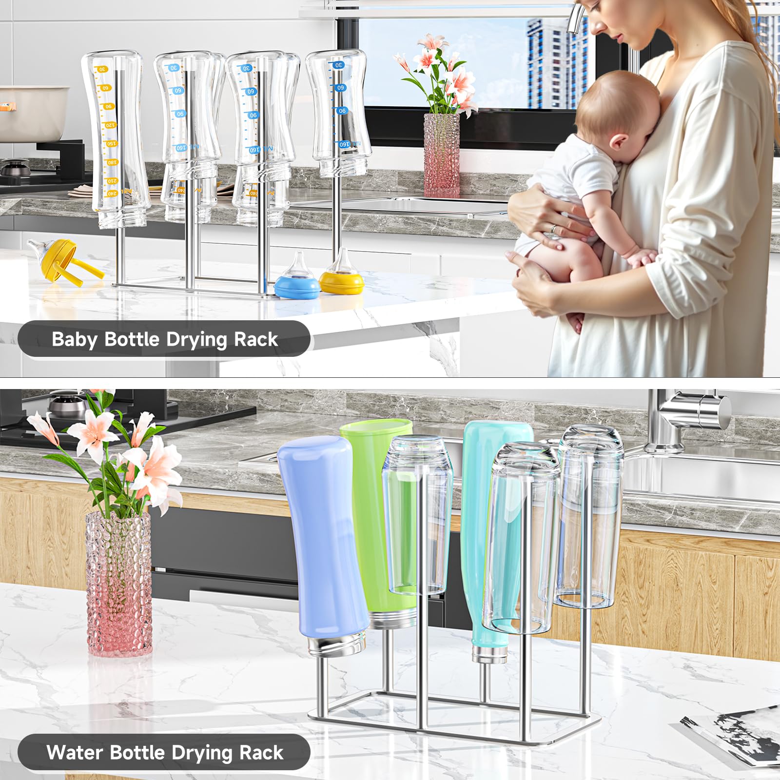 Water Bottle Drying Rack Reusable Bottle Rack Dryer Kitchen Stand Holder Metal Countertop Baby Bottle Drying Rack Water Cup Drying Rack for Plastic Bags