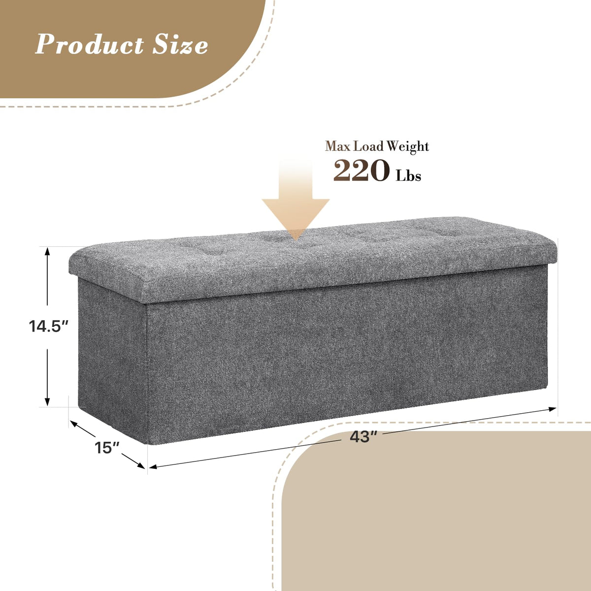43" Storage Ottoman Bench Folding Bench with 130L Hidden Storage