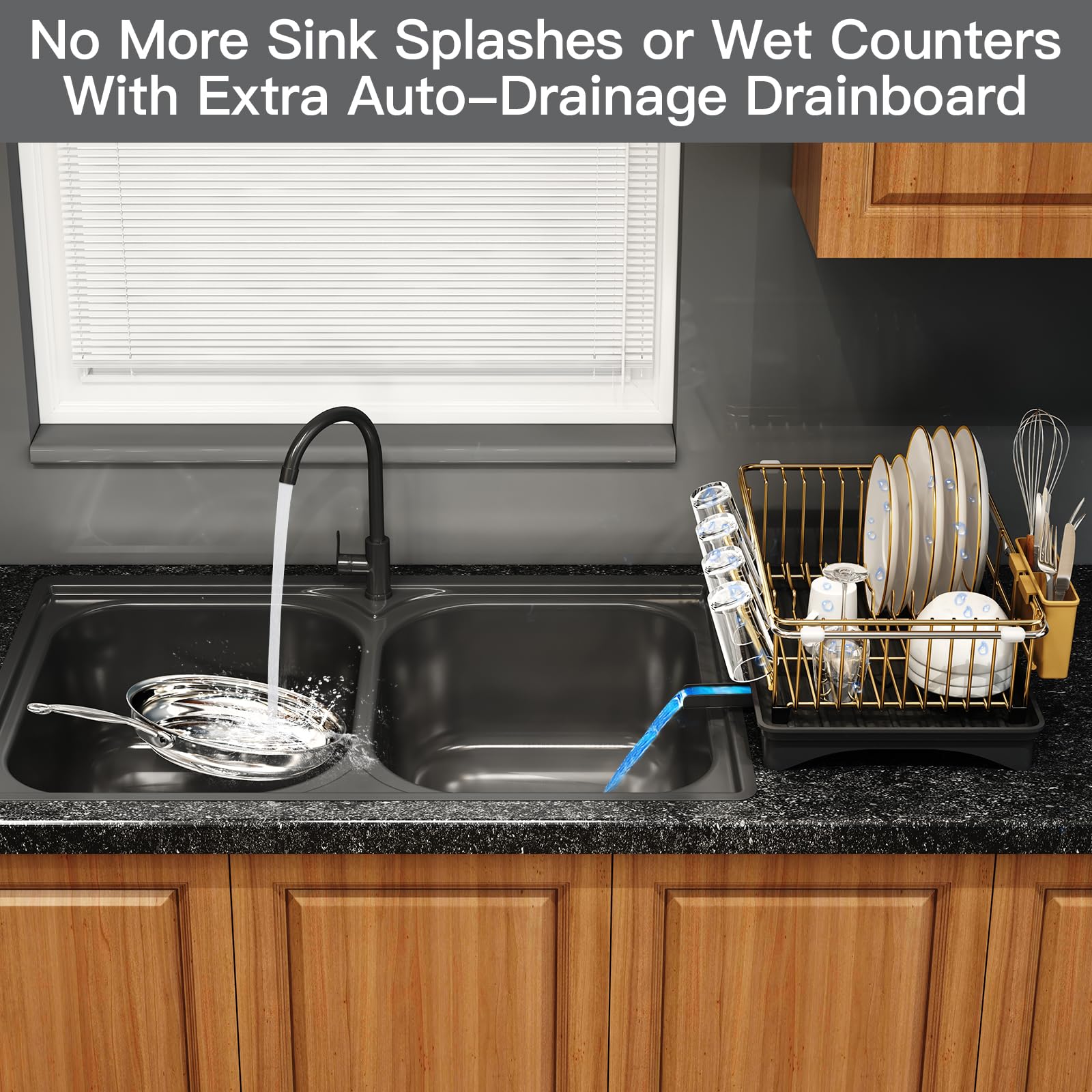 Gold Dish Drying Rack Over Sink with Utensil Holder