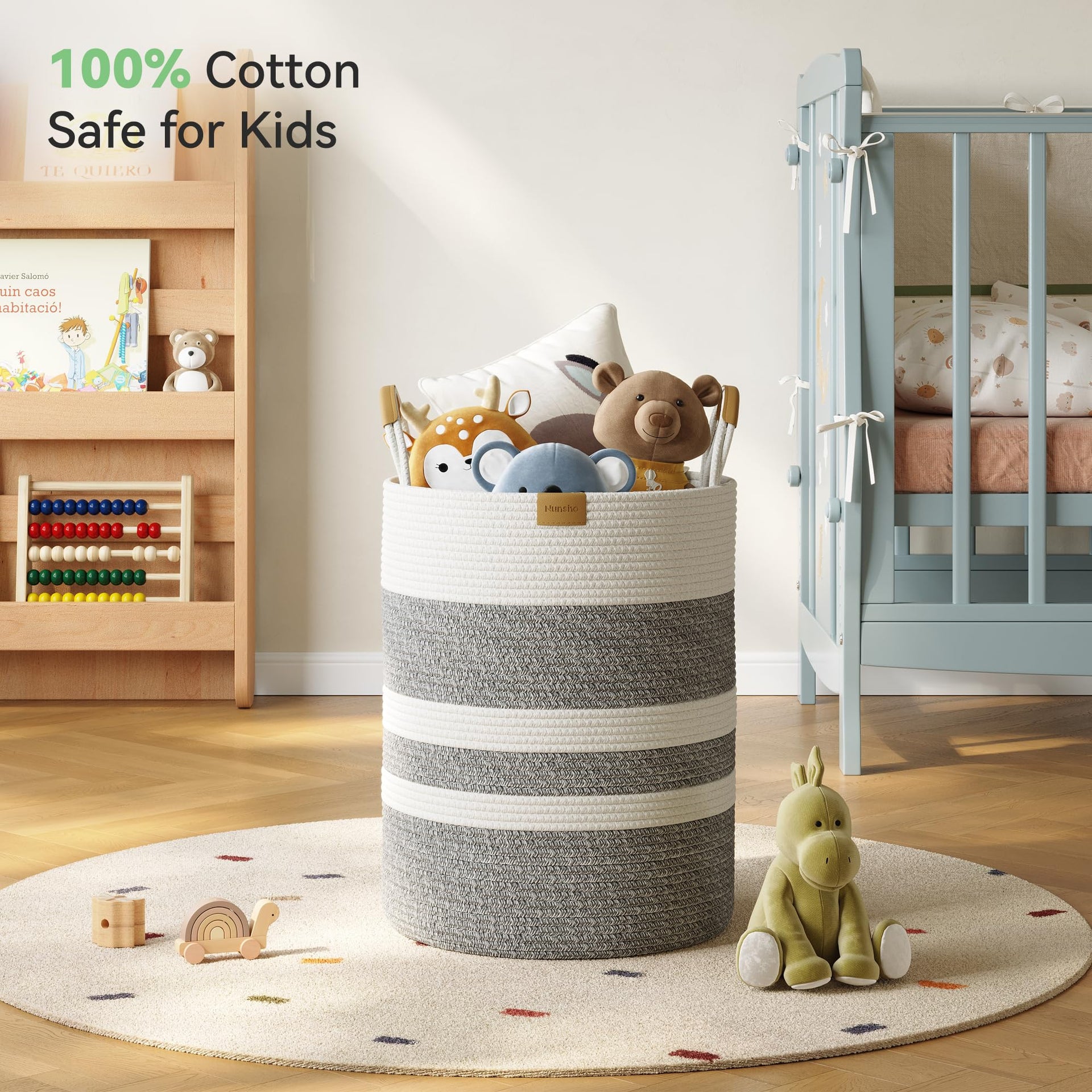 62L Striped Laundry Hamper with Leather Handles
