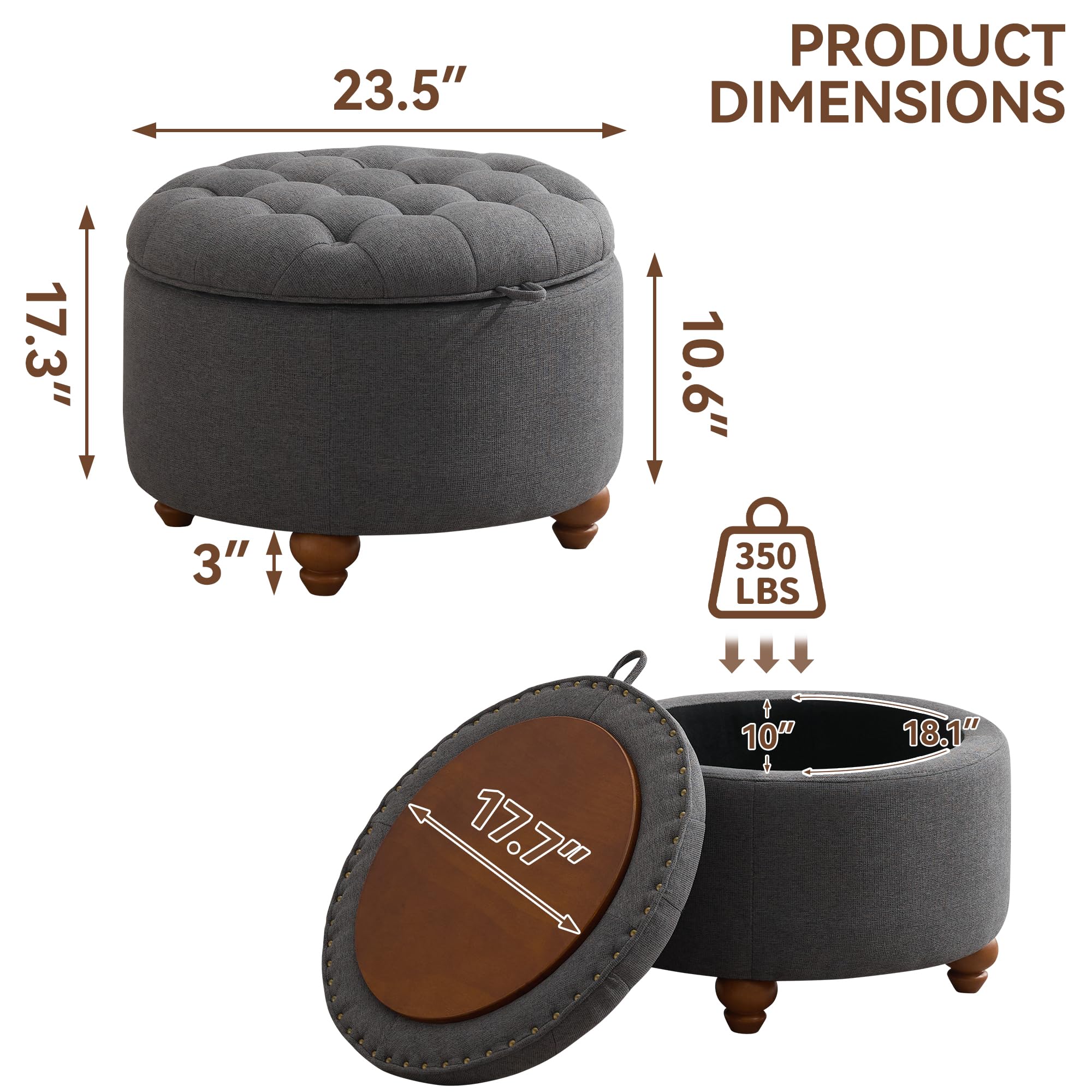 24Inch Round Storage Ottoman with Tray