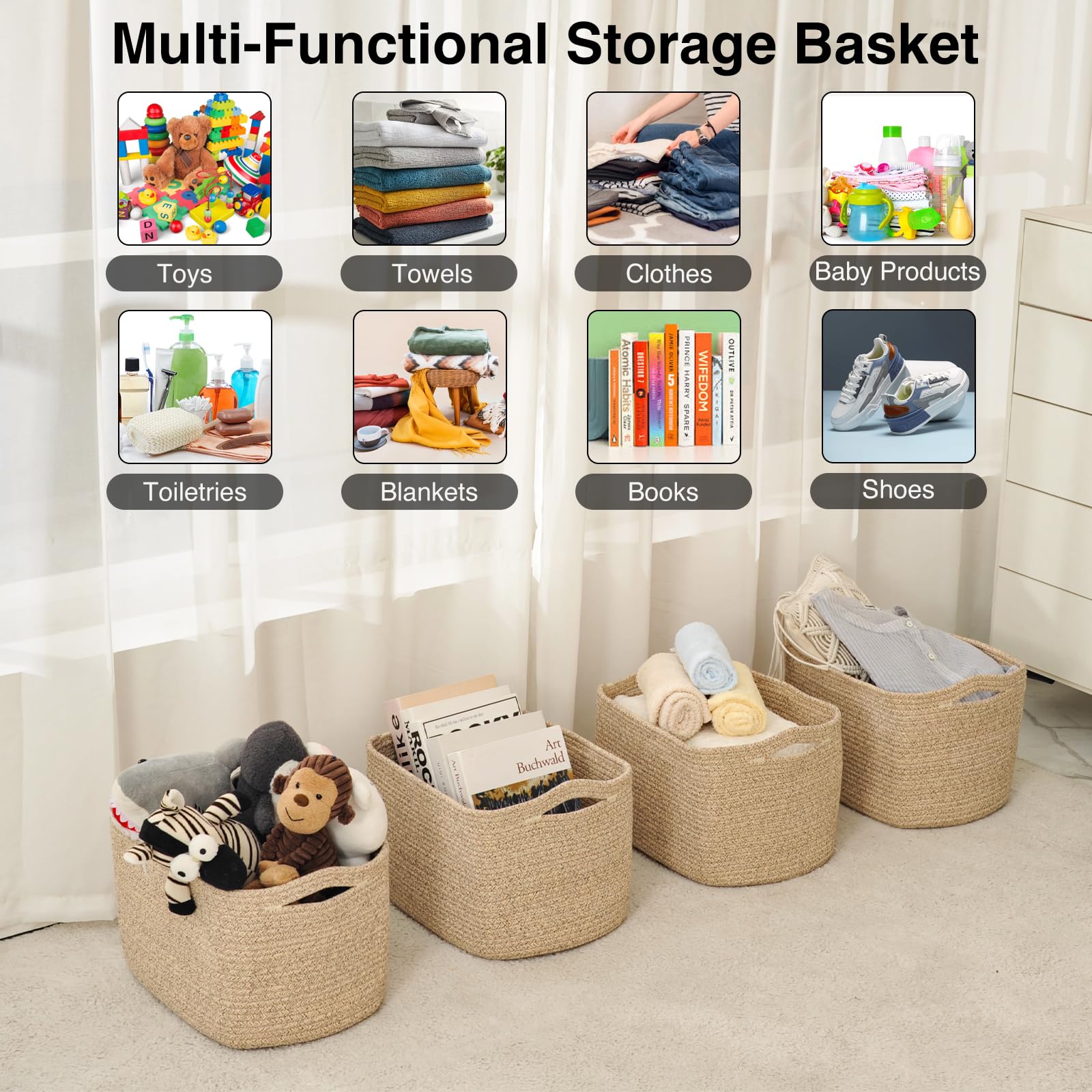 Storage Baskets for Organizing & Shelves (4 Count)