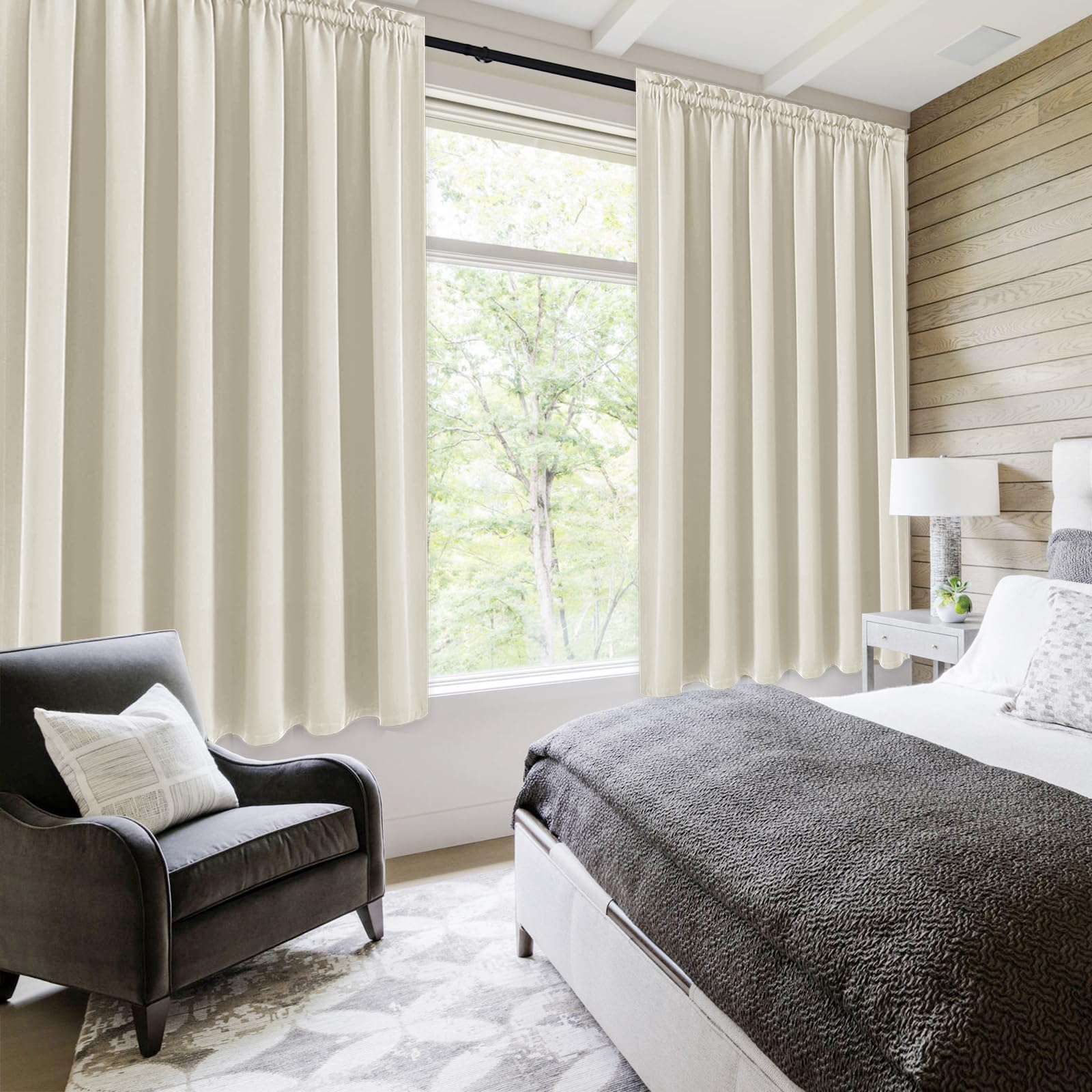 Wide Blackout Curtains for Bedroom 70 x 63 Inch Long Light Beige (2 Count)