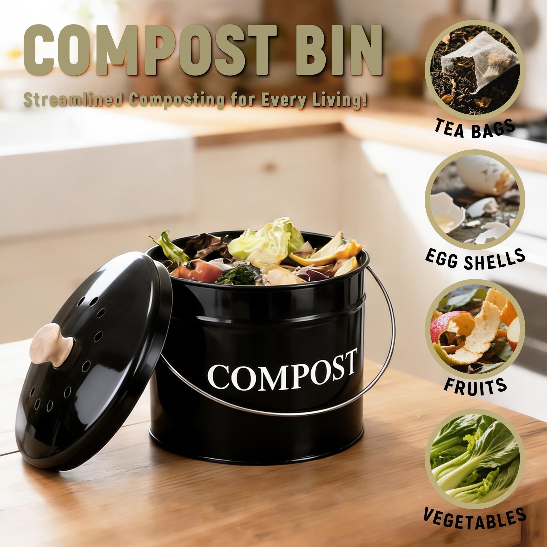 Compost Bin 1 Gallon Countertop Composter with Lid and Charcoal Filters