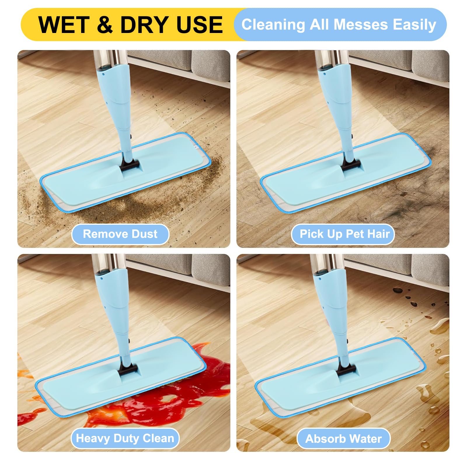 8 Pack 16.5 inch Reusable Mop Pads Microfiber Spray Mop Replacement Heads for Wet (8 Ounce)