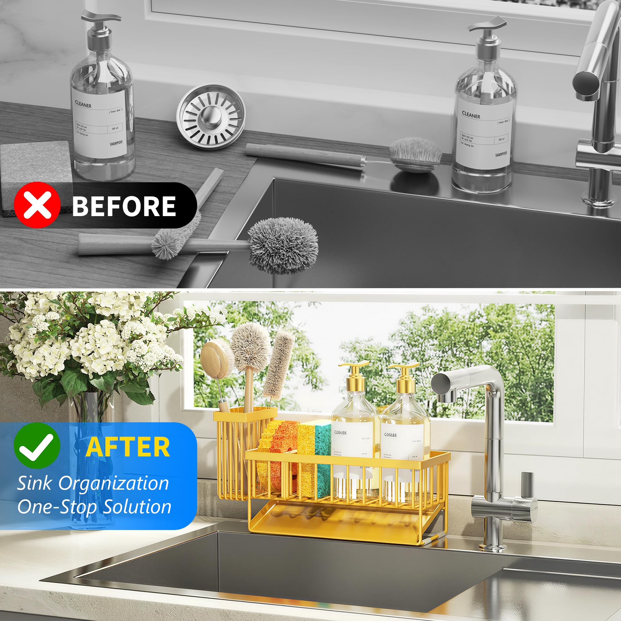 Lemon Yellow Sink Caddy Organzier with High Brush Holder