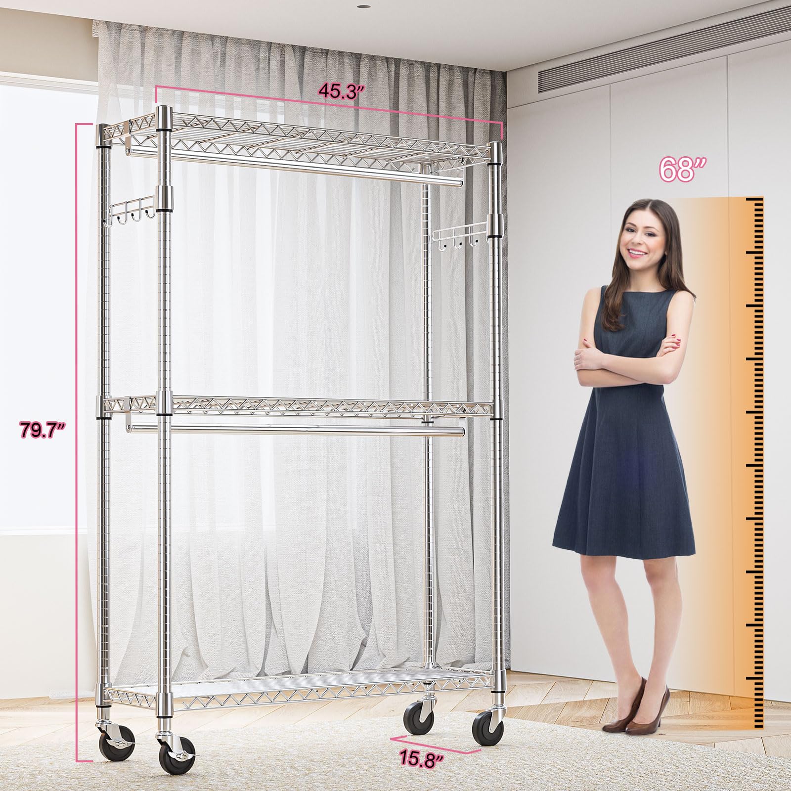 Heavy Duty Rolling Garment Rack 3 Tiers Adjustable Wire Shelving Clothes Rack with 2 Rods and Side Hooks