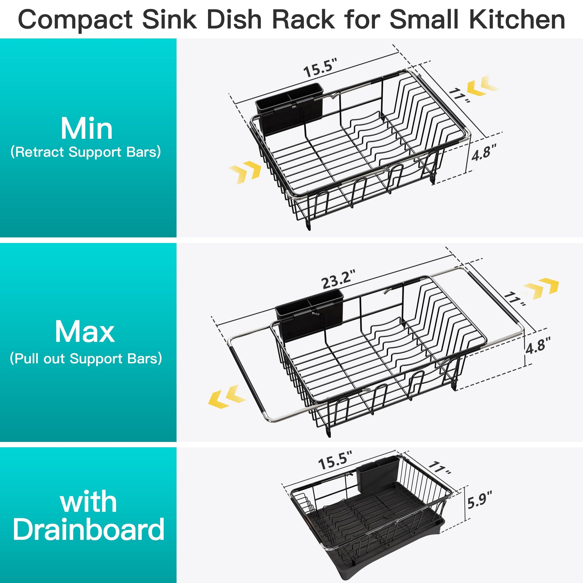 Black Dish Drying Rack in Sink with Drainboard and Utensil Holder