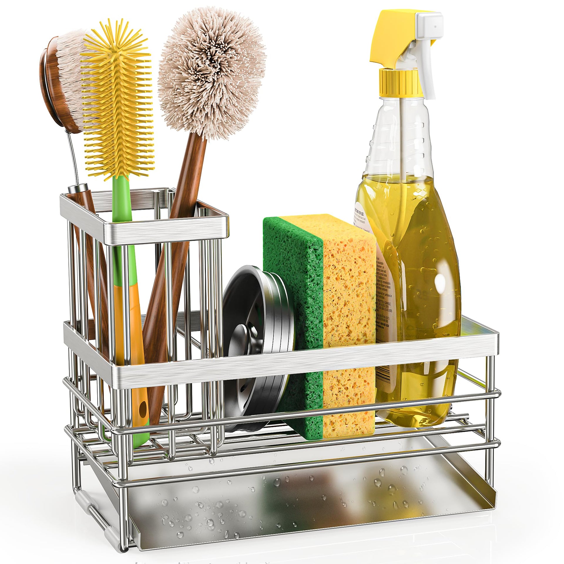 Sink Caddy Sponge Holder for Kitchen with Brush Holder and Stainless Steel Self Drain Tray