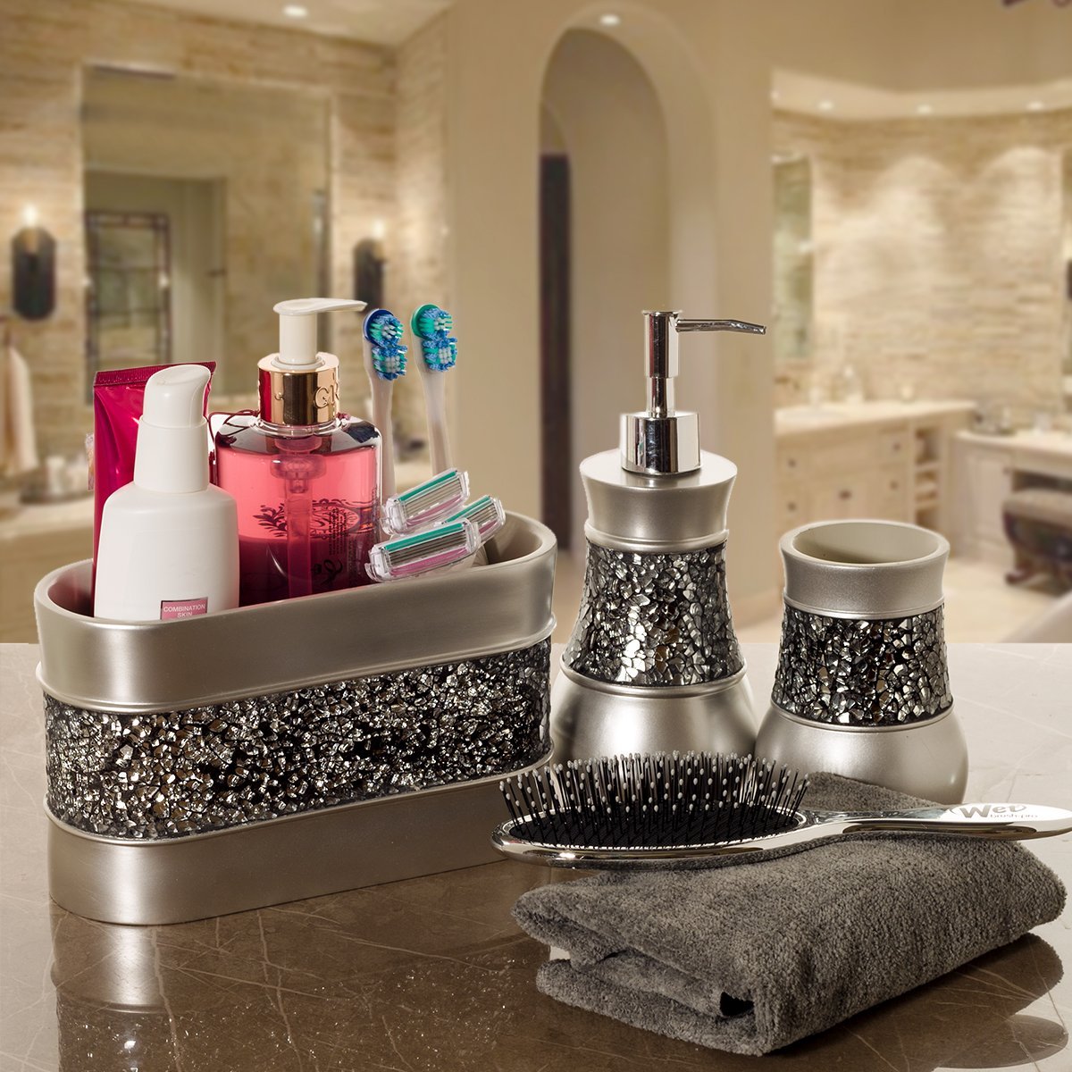 Crackled Glass Silver Toothbrush and Toothpaste Holder for Bathroom