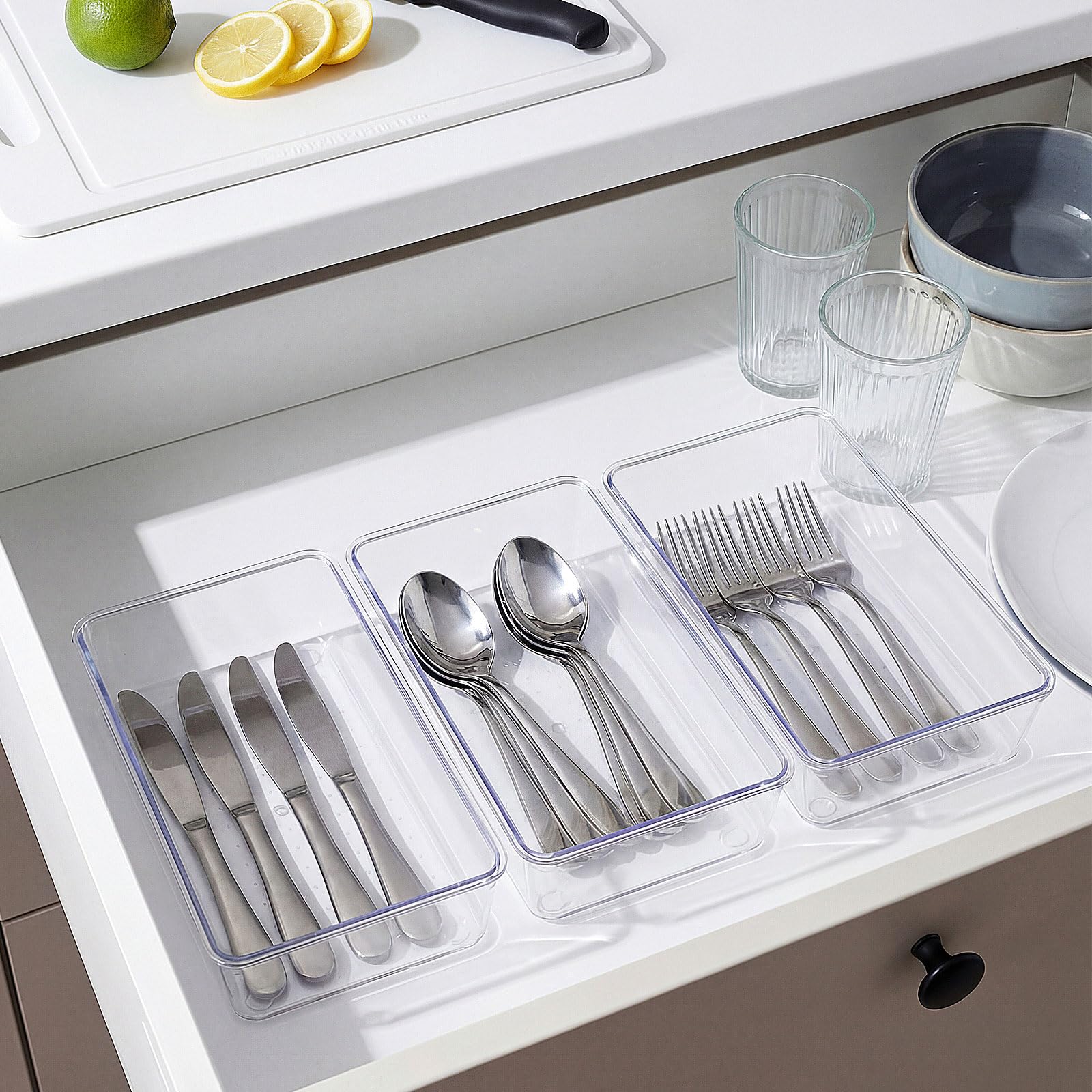 12 Pcs Clear Drawer Organizer 9 x 6 x 2 Inches Plastic Rectangle Trays Makeup Vanity Storage Bins and Kitchen Drawers Dividers for Office Desk Silverware Kitchen Utensils (12 Count)