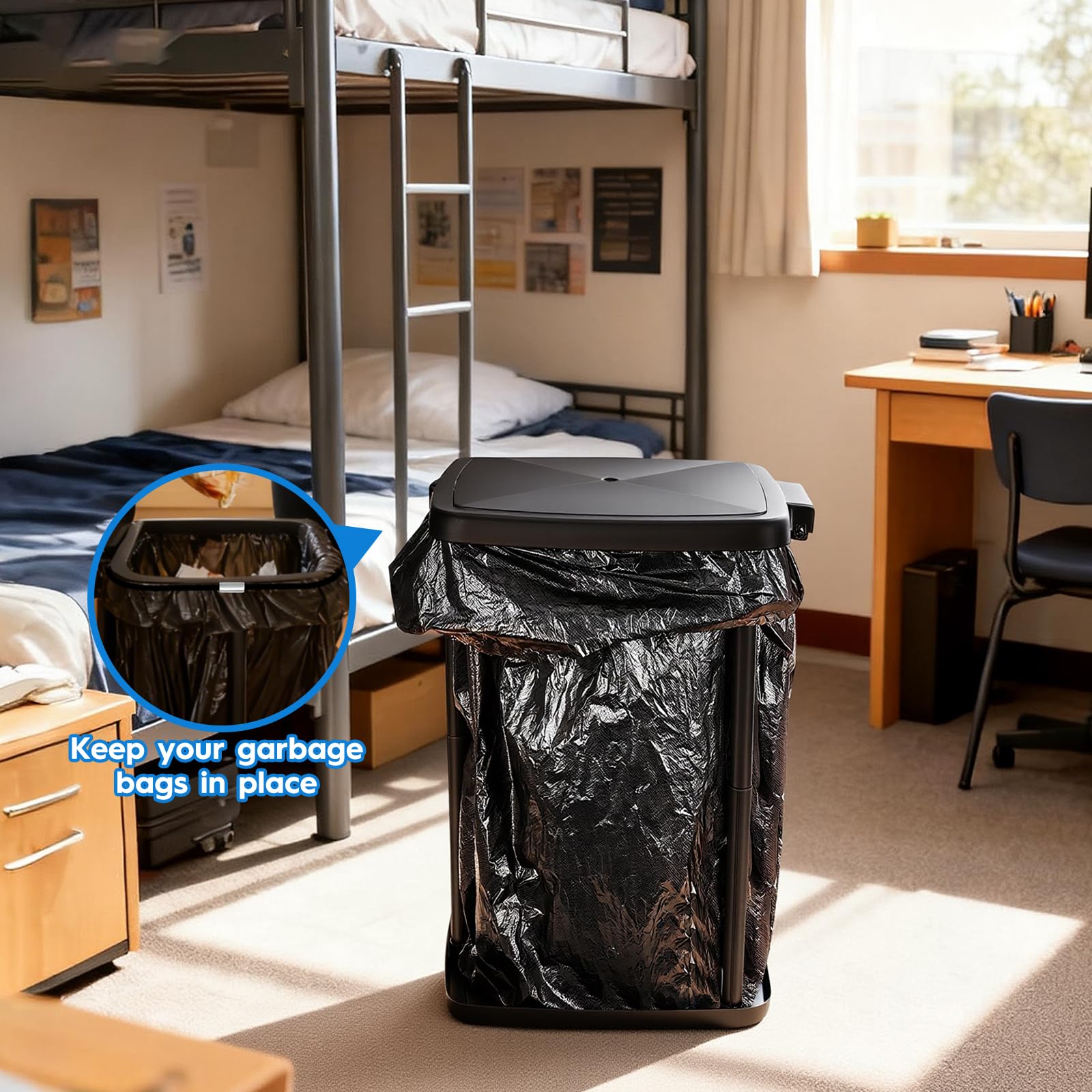 Portable Trash Bag Holder Collapsible Garbage Bin with Lid and Bands