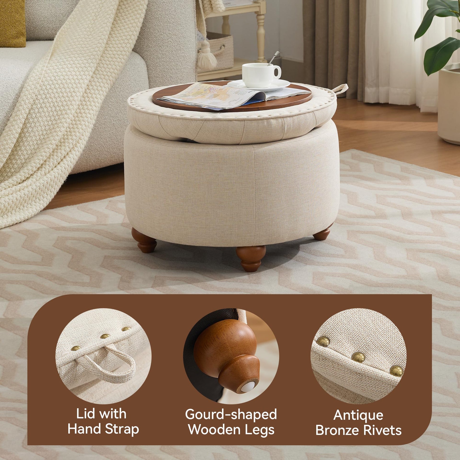 24Inch Round Storage Ottoman with Tray