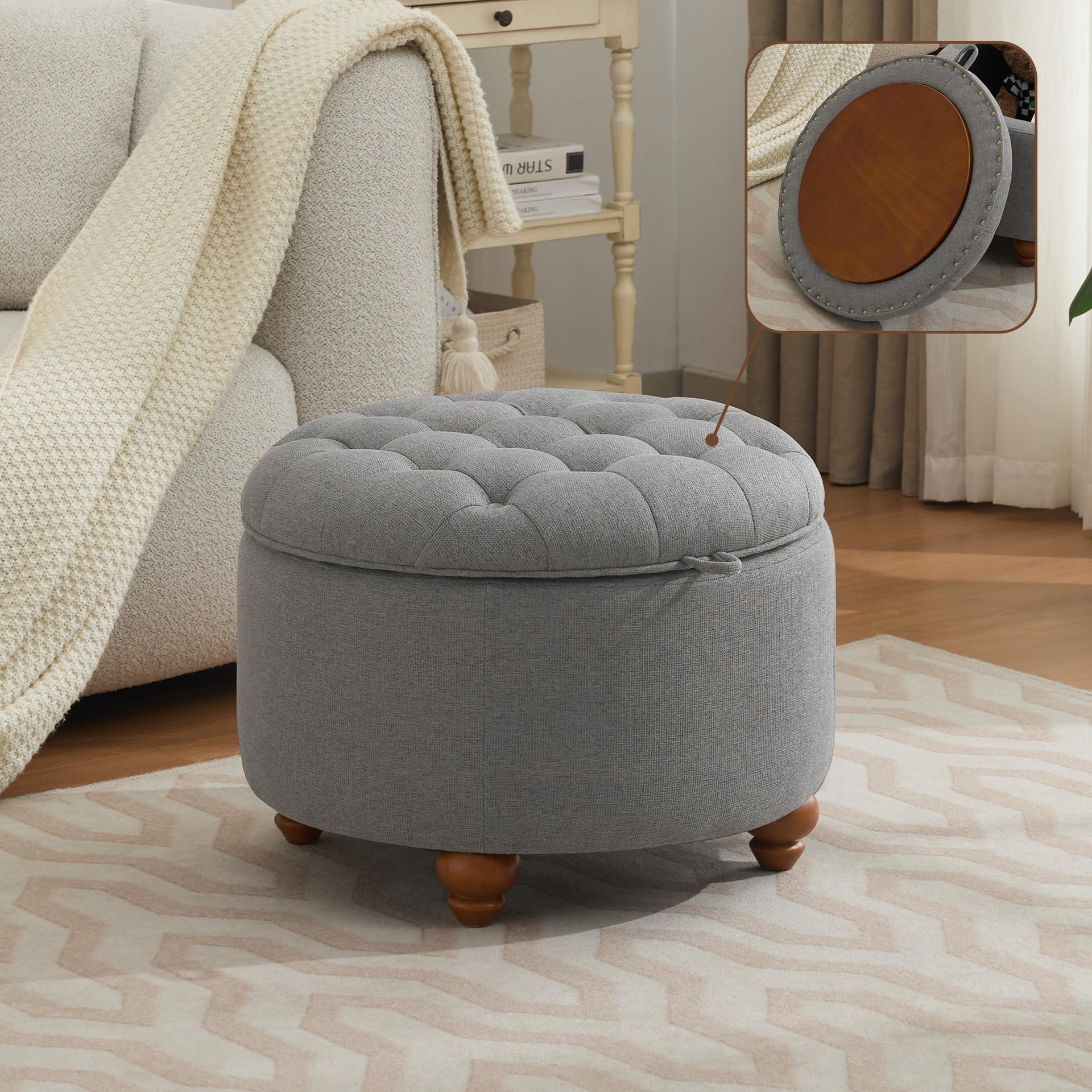 24Inch Round Storage Ottoman with Tray