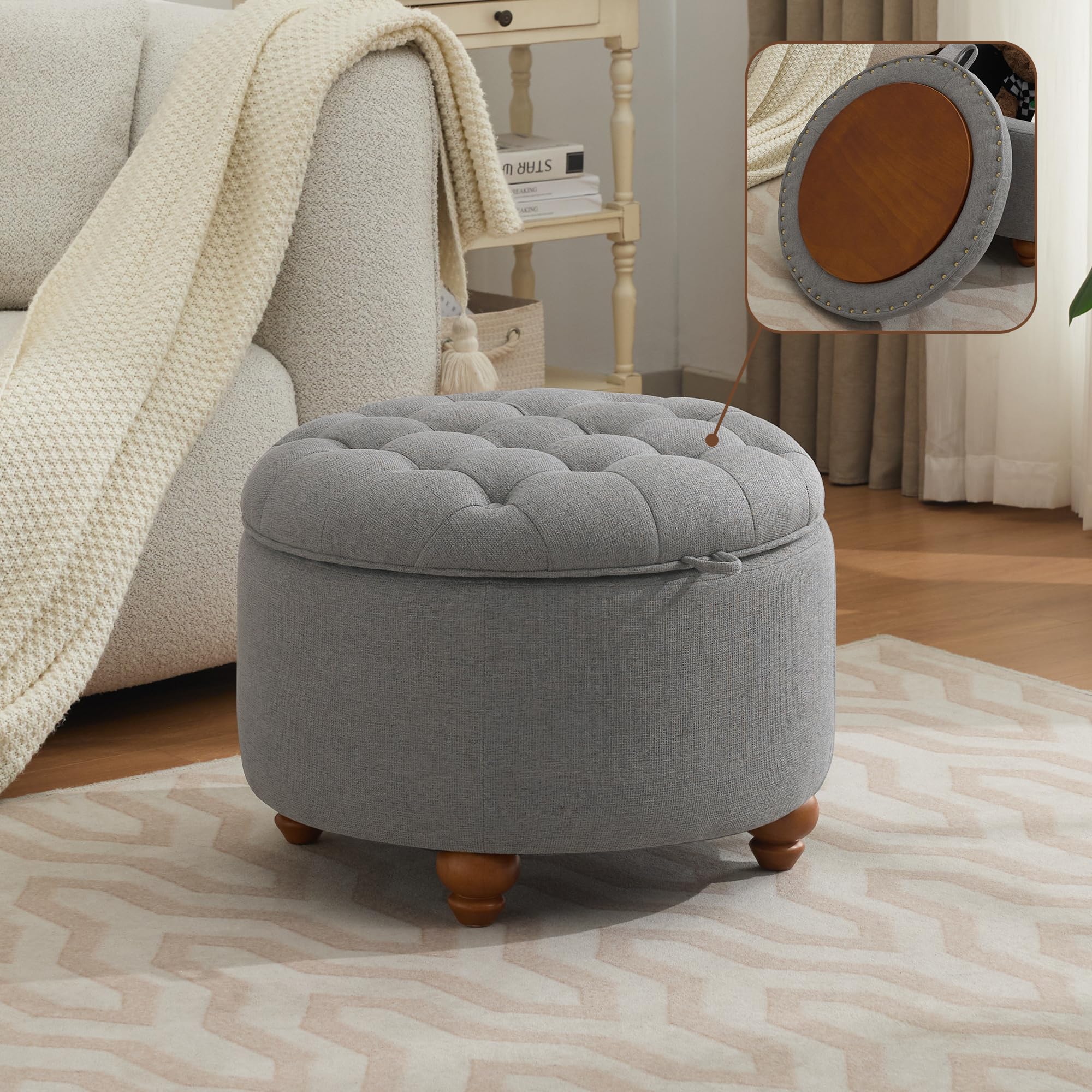 24Inch Round Storage Ottoman with Tray