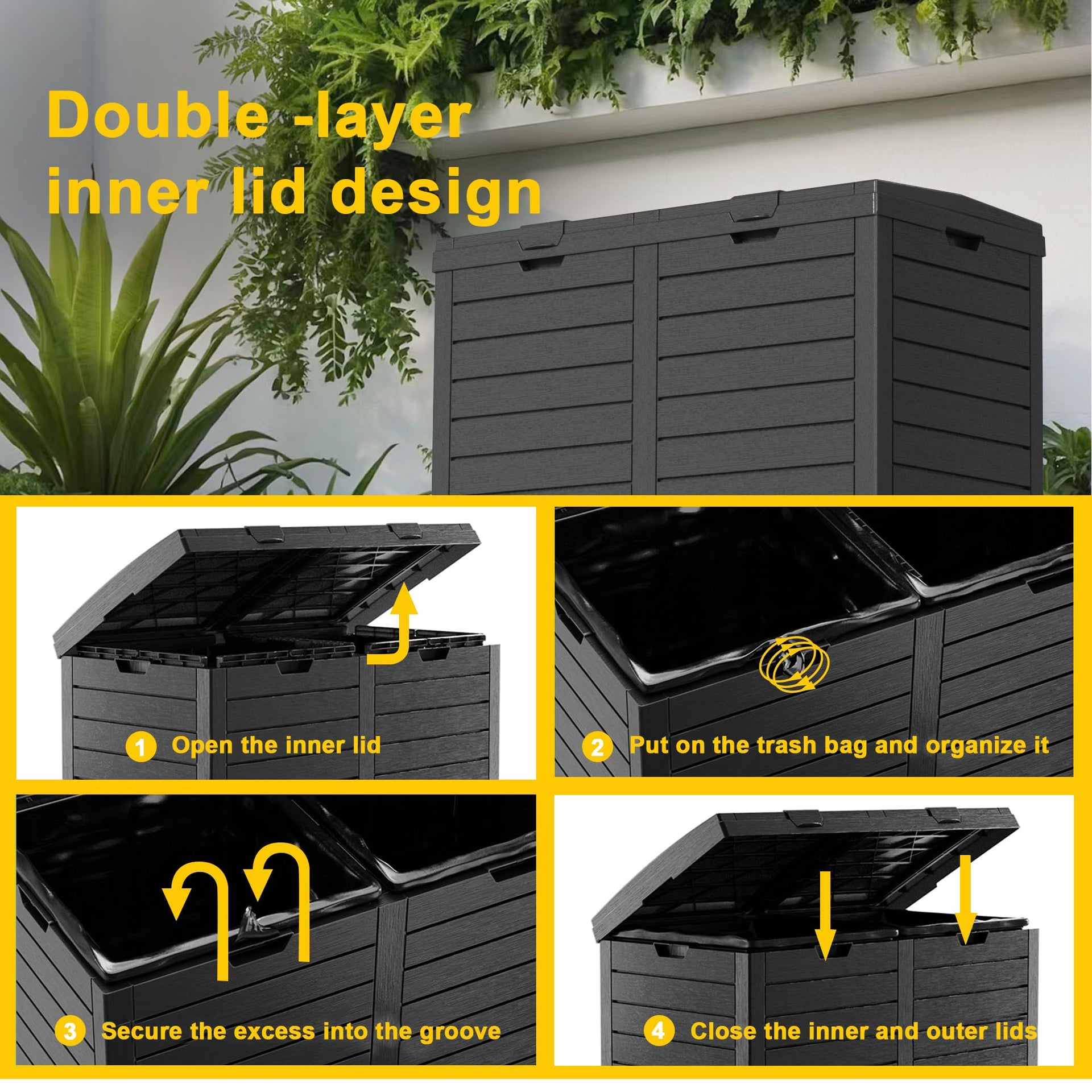 62 Gallon Outdoor Trash Can with Tiered Lid and Drip Tray