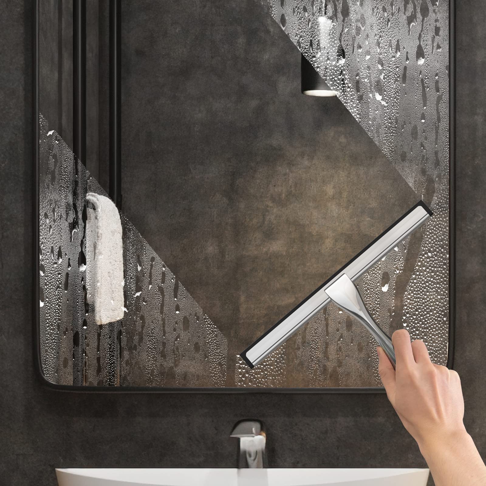 All Purpose Stainless Steel Shower Squeegee for Shower Doors with 2 Adhesive Hooks