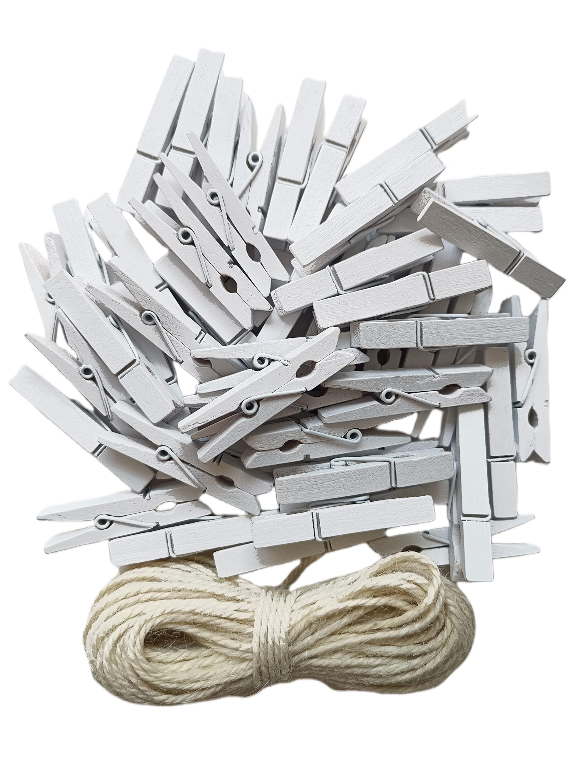 1.9 Inch White Small Clothes Pins Paper Picture School Work Holders Baby Shower Clothing Line Clips with Twine Pack 50 (50 Count)