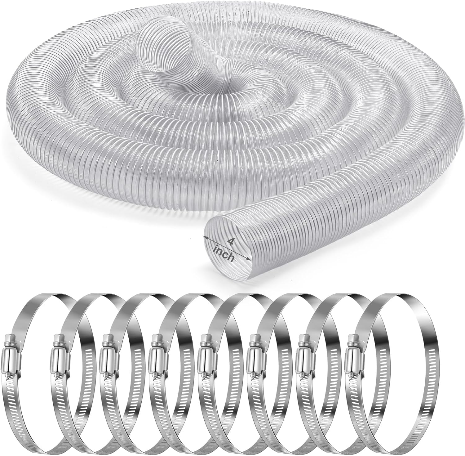 4 Inches 30 ft PVC Dust Collection Hose with Stainless Steel Clamps Set Flexible Clear Vacuum Puncture Resistant Fume Hose for Vacuums Cleaner Fume Dust Collection System
