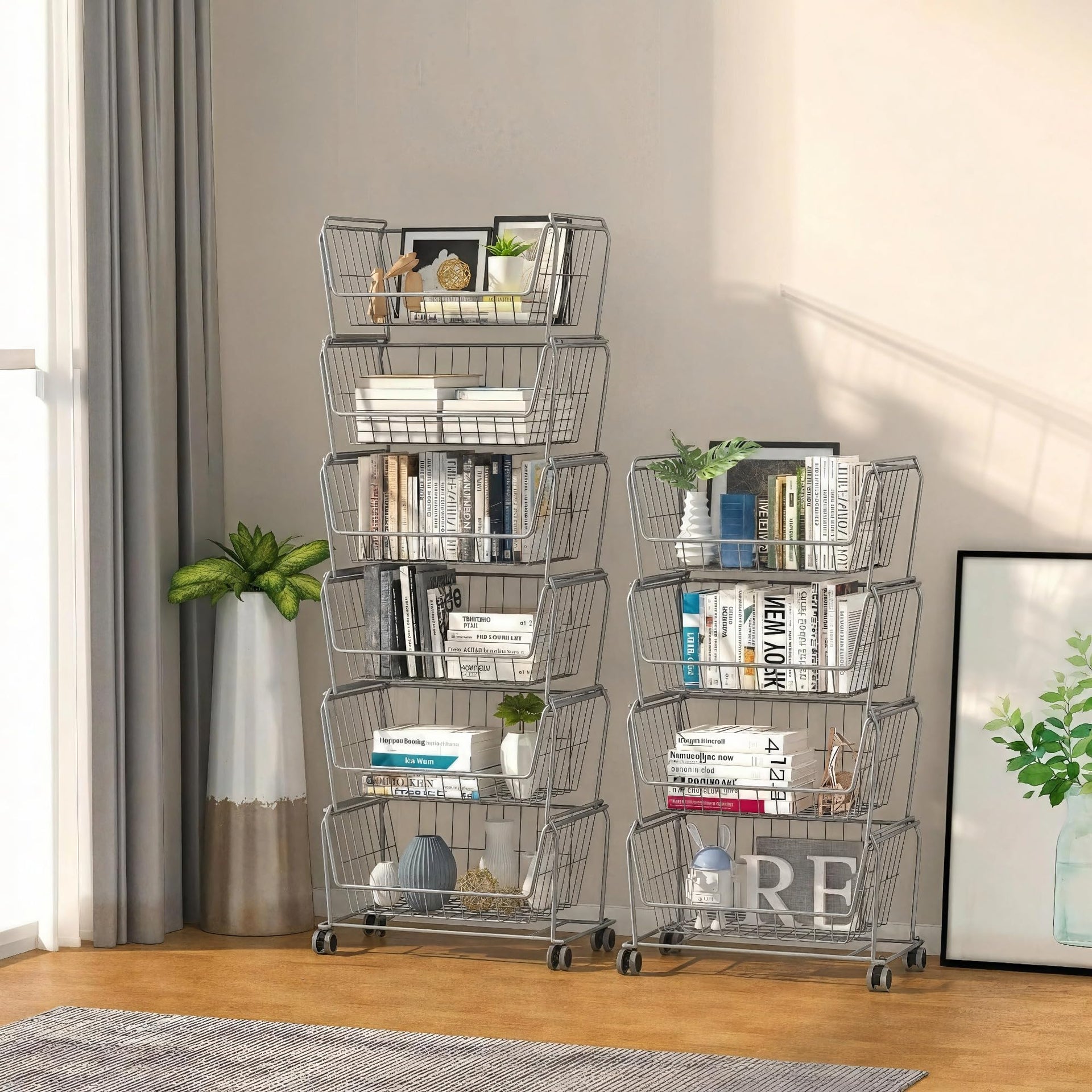 4 Tier Spacious Stackable Wire Storage Baskets with Wheels