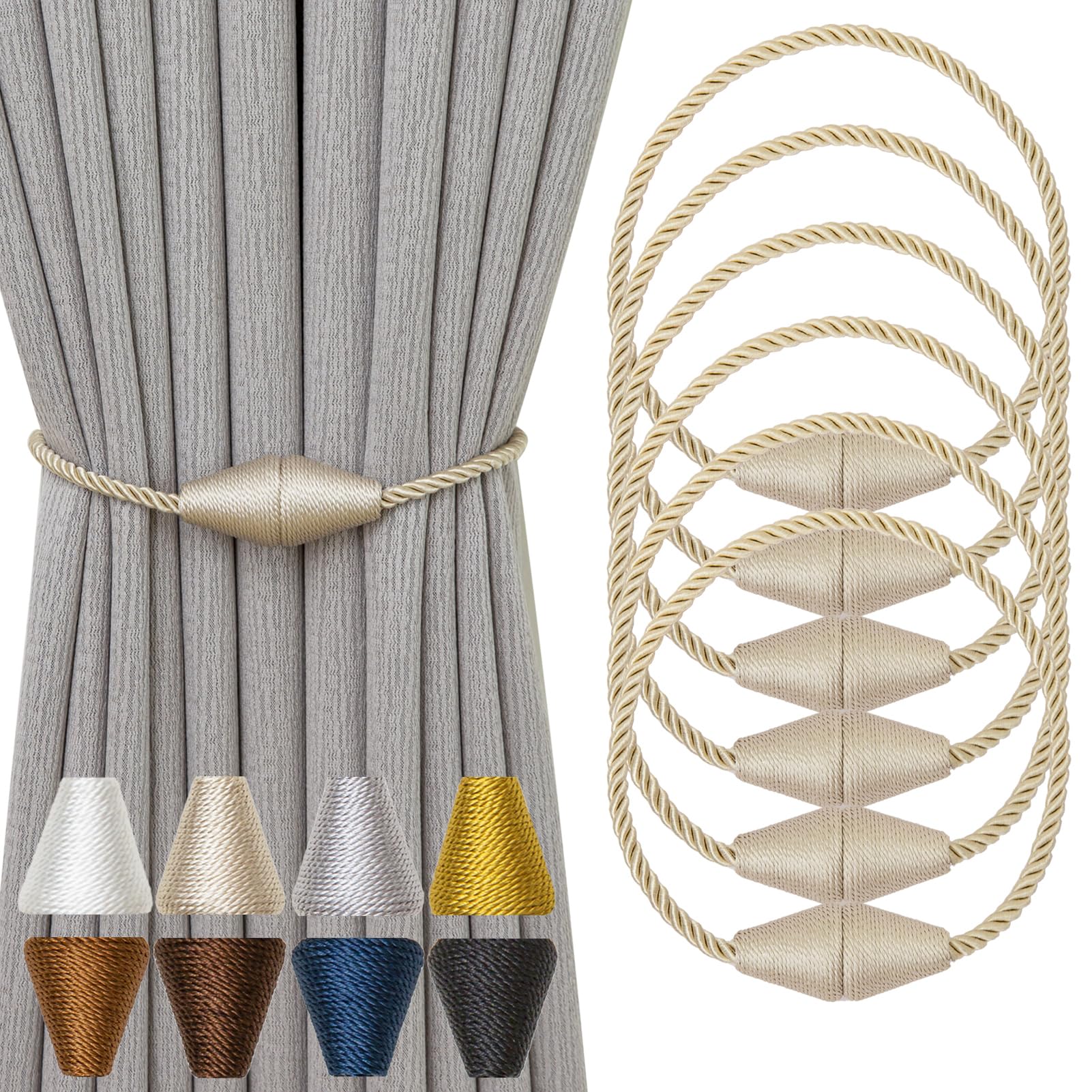 Magnetic Curtain Tiebacks 6 Pack Outdoor Rope Curtain Tie Backs Decorative Window Treatment Holdbacks for Home Decorative Curtain (6 Count)