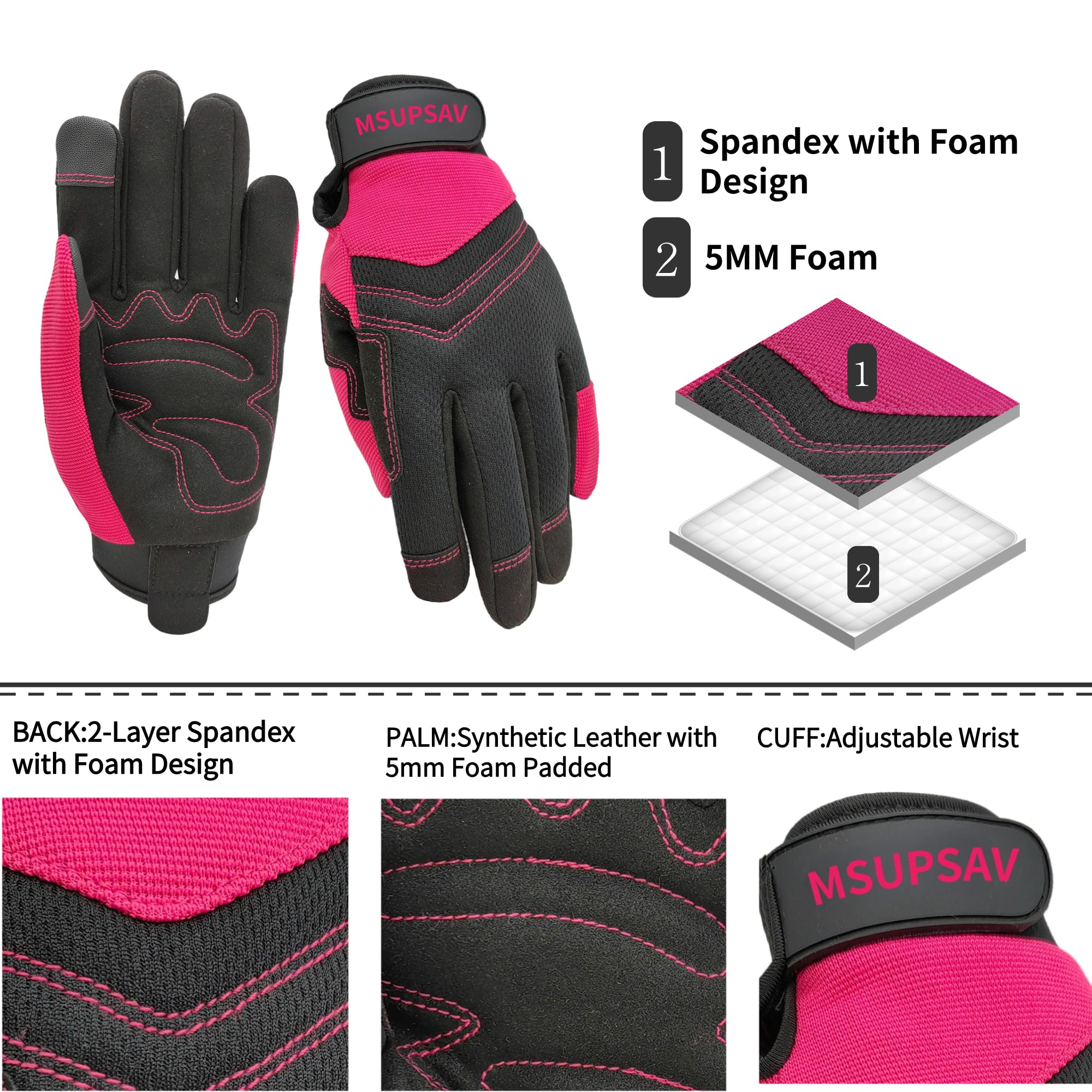 2 Pairs Touchscreen Mechanic Work Gloves Women