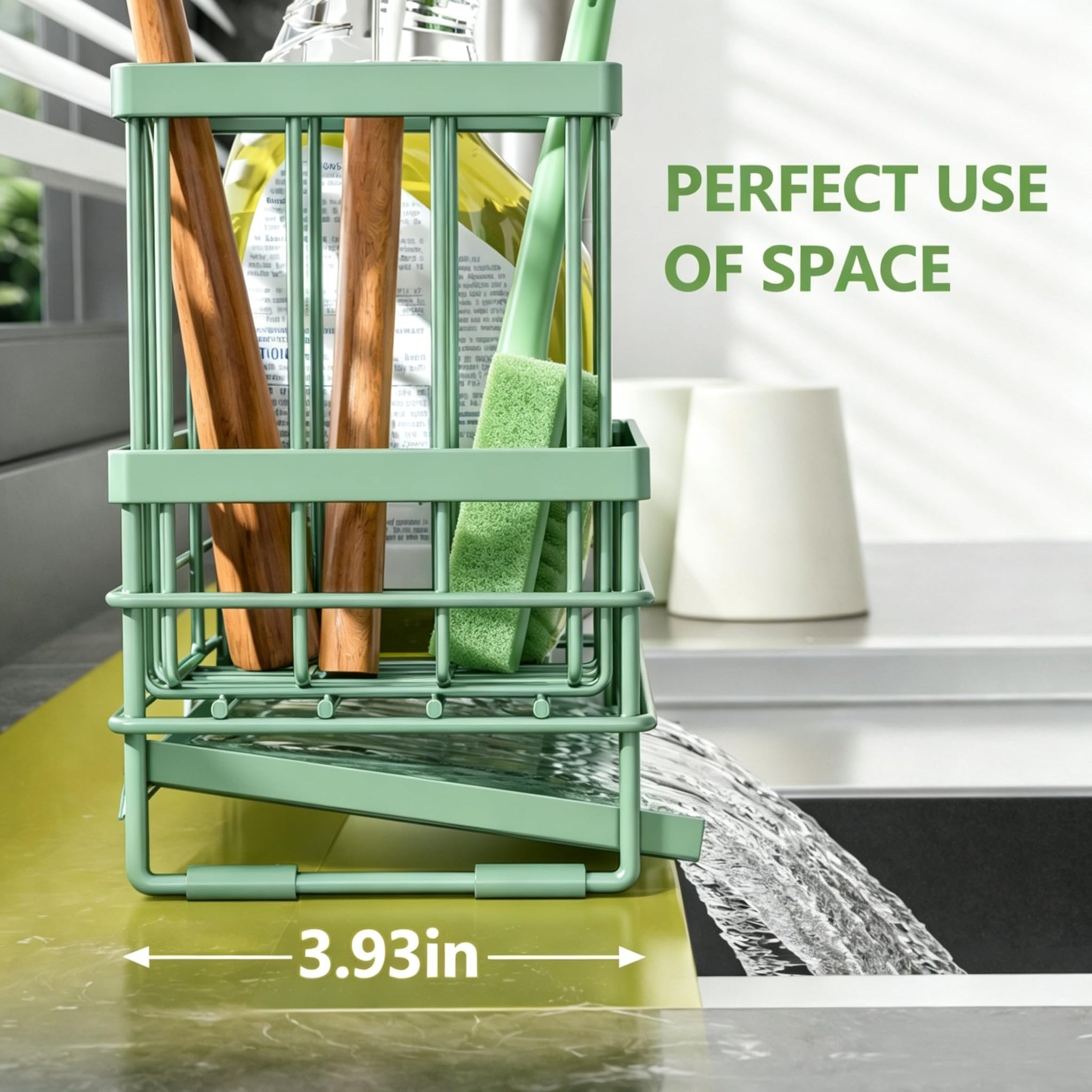 Sink Caddy Sponge Holder for Kitchen with Brush Holder and Stainless Steel Self Drain Tray