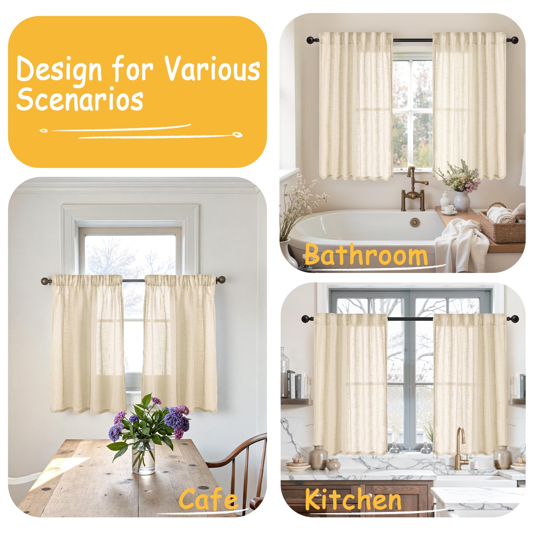 Burlap Linen Curtains 36 Inch Length (2 Count)