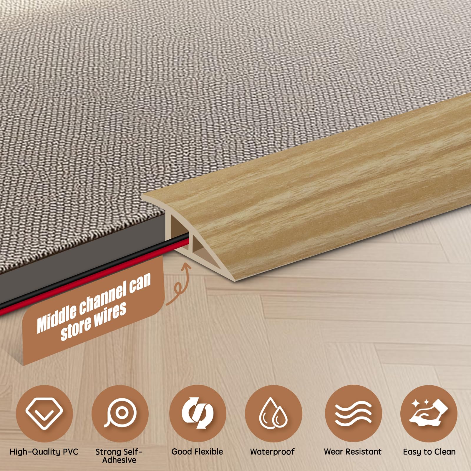 Floor Transition Strip Door Threshold 118" Floor Transition Reducer Trim on The Edges Threshold Strip Self Adhesive Suitable for Doorways