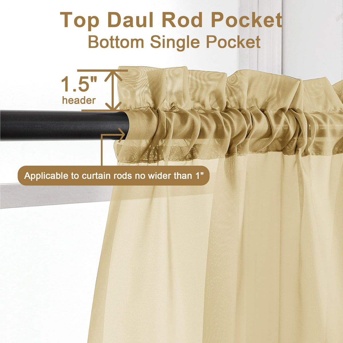 Gold Sheer Curtains 54 Inch Long 2 Panels Set (2 Count)