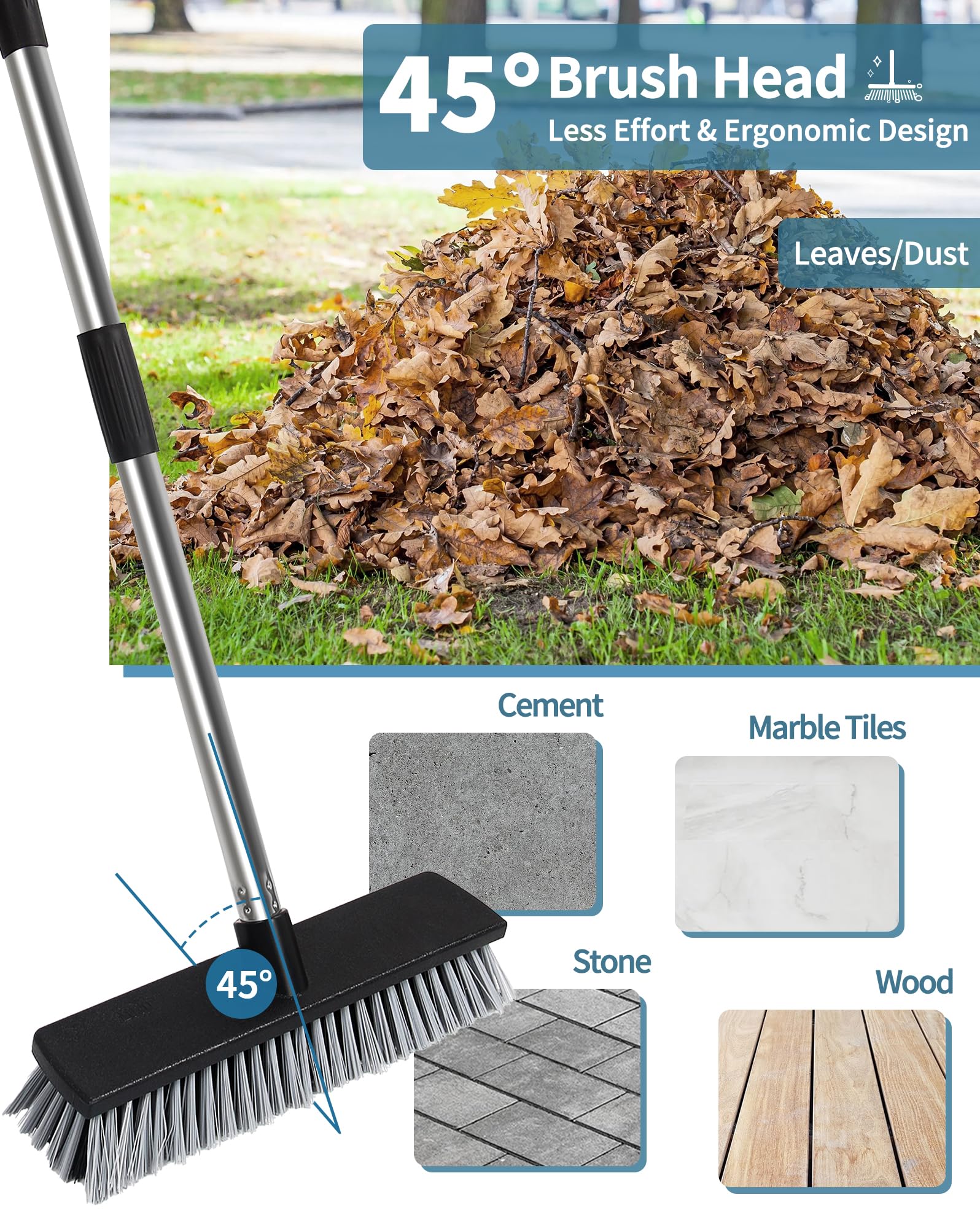 LandHope Hard Bristle Deck Broom Adjustable Long Handle Scrub Brush Heavy Duty Concrete Push Broom Outdoor Brush Garage Broom Wood Large Floor Scrubber 28