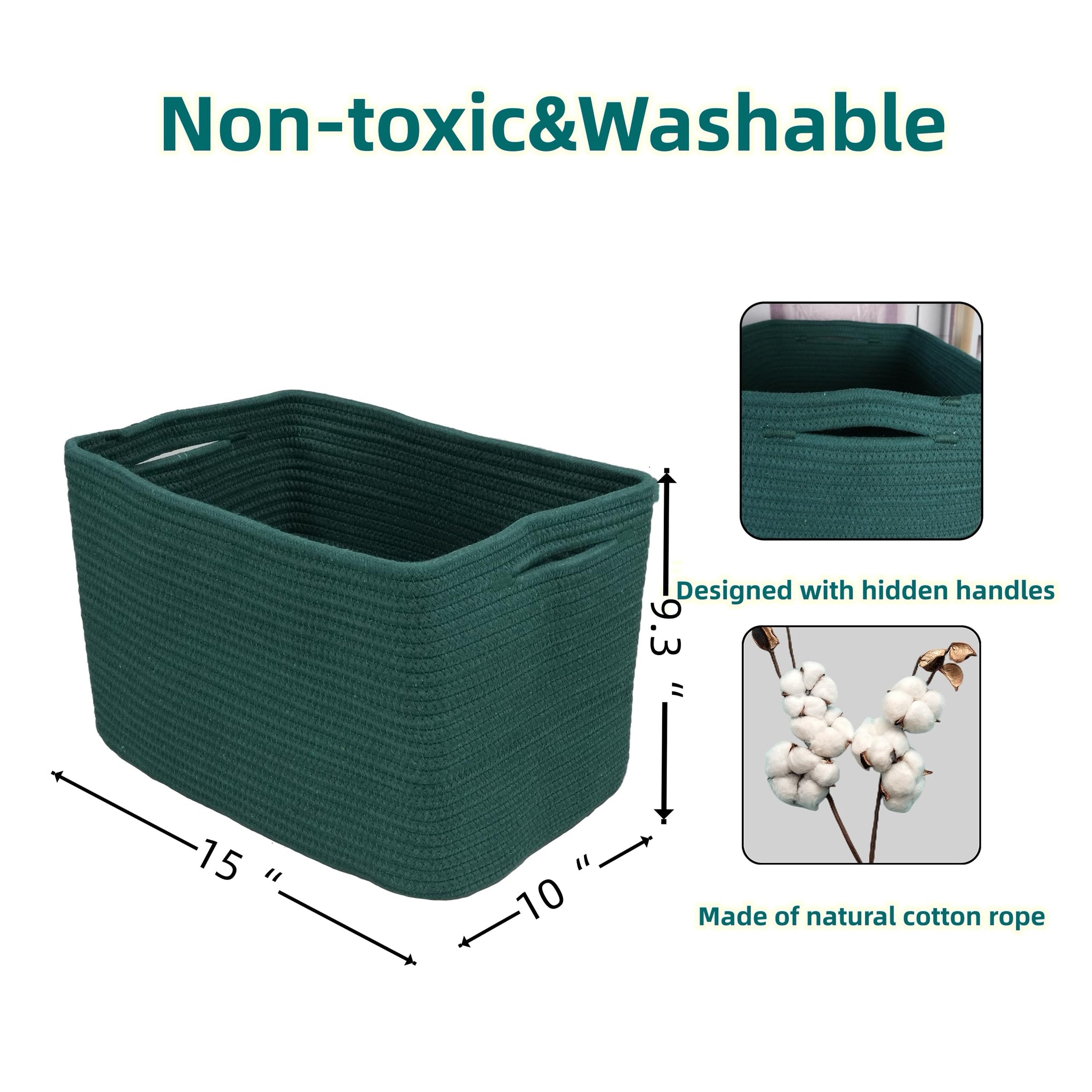 Woven Cotton Rope Storage Baskets 15x10x9.3" 3 Pack Dark Green
