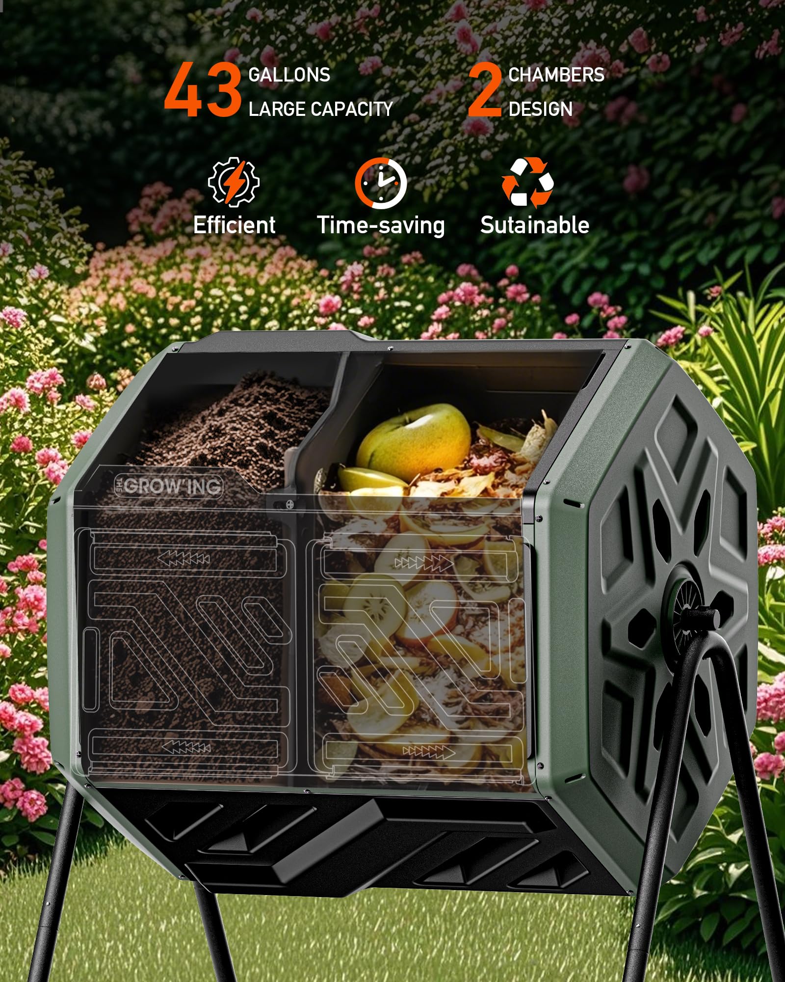 THE Growing 43 Gal Outdoor Compost Bin Tumbler for Backyard Garden