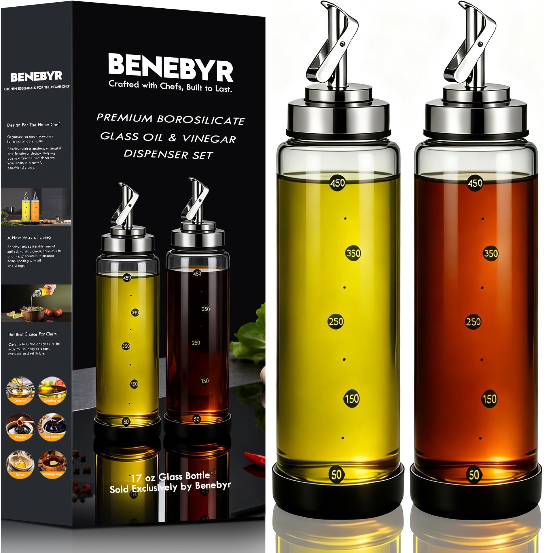 Glass Olive Oil Dispenser Bottle for Kitchen Shatterproof & Leakproof Oil and Vinegar Dispenser Set with Stainless Steel Spout & Rubber Bottom 17 oz Olive Oil Bottle for Cooking