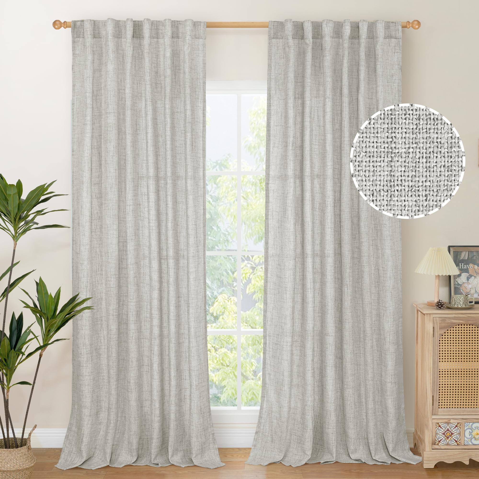 Light Grey Linen Curtains 90 Inch Long for Living Room Rod Pocket Floor Length Window Drapes Light Filtering for Bedroom Dining Privacy (2 Count)
