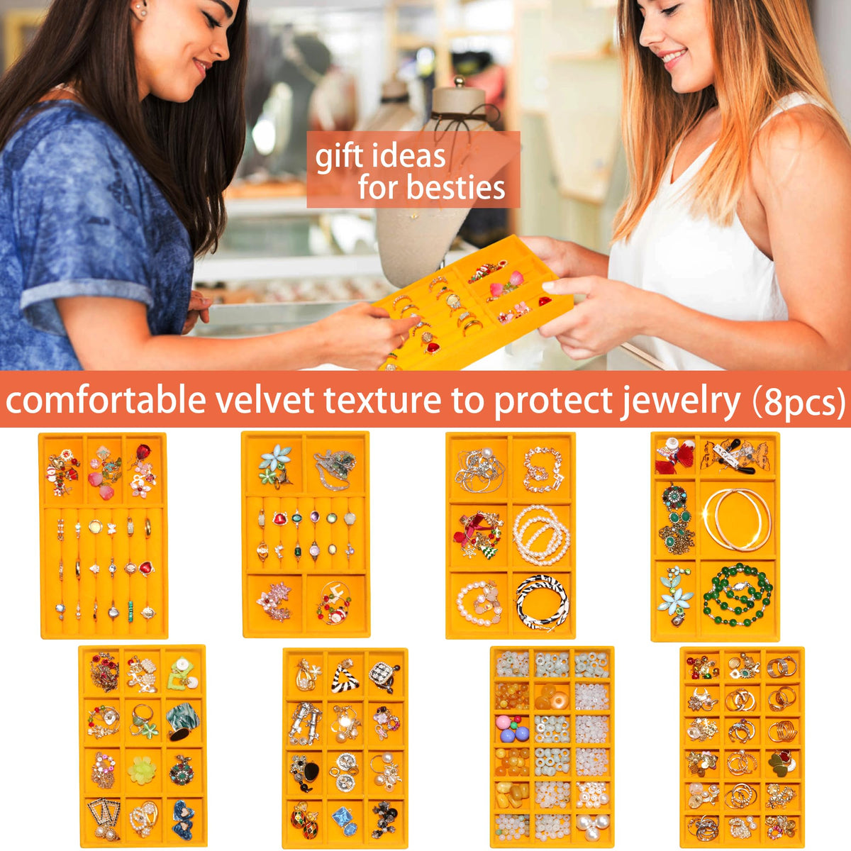 Set of 8 Stackable Velvet Jewelry Trays Organizer Jewelry Display Storage Box Dresser Drawer Organizer for Earring Necklace Bracelet Ring Accessary (8 Count)